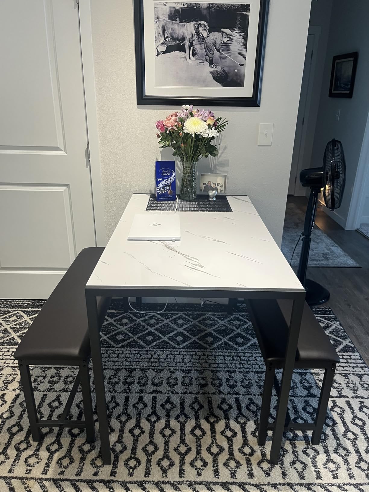 Dining Room Table Set with 2 Benches, Dining Table Set for 4-6, Dinner Table Set for 4, Faux Marble Breakfast Table Set & PU Leather Upholstered Benches for Small Spaces, Apartment, White customer photo 2