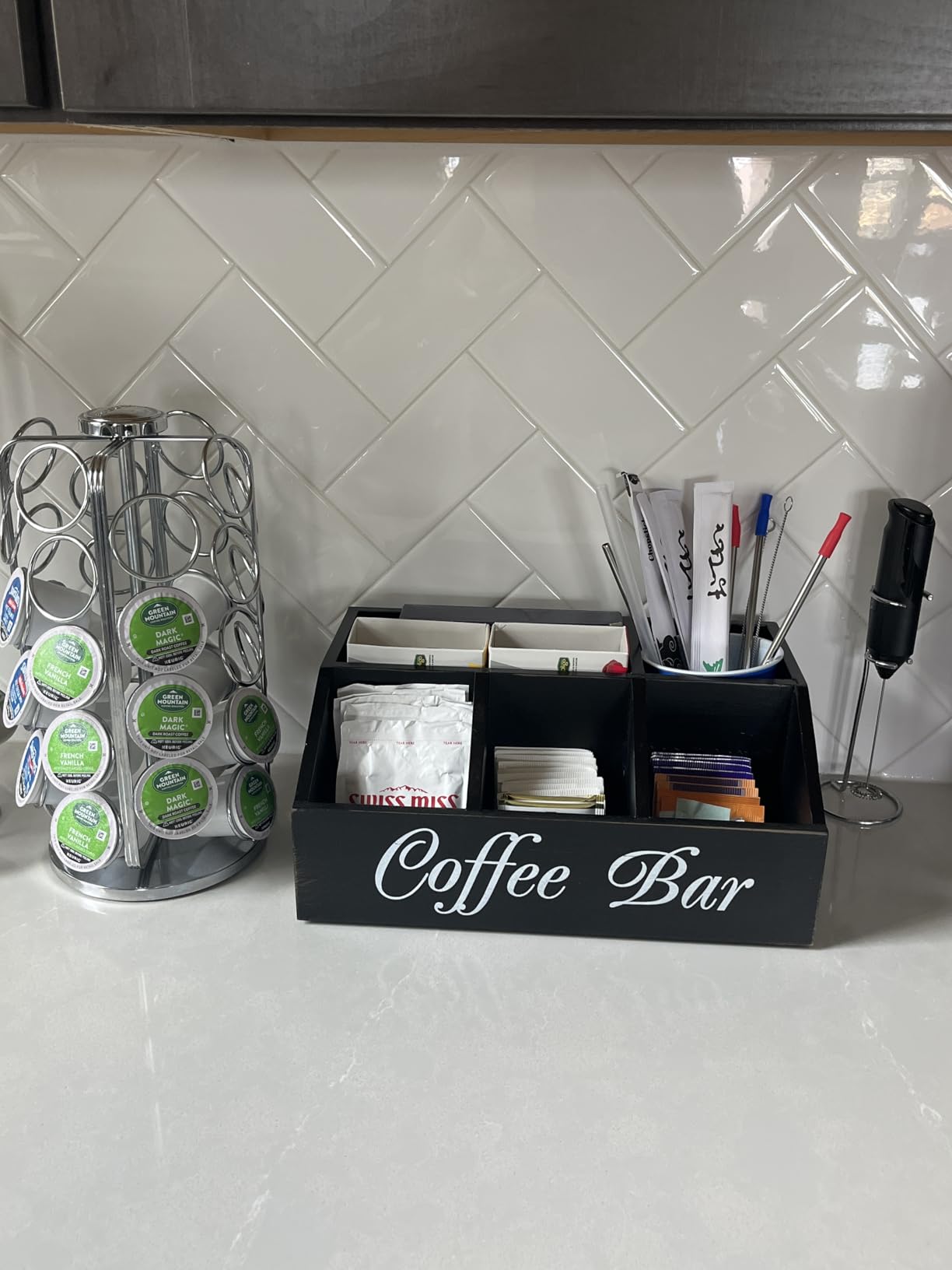 ugiftt Coffee Station Organizer for Counter, Wood Coffee Pods Holder Storage Basket, Tea Condiment Storage Organizer, Rustic Coffee Bar Decor for Coffee Accessories Organizer customer photo 2