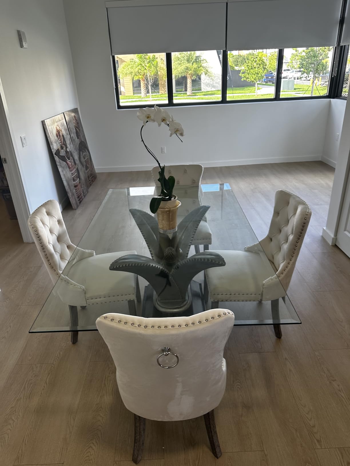 KCC Velvet Dining Chairs Set of 4, Upholstered High-end Tufted Dining Room Chair with Nailhead Back Ring Pull Trim Solid Wood Legs, Nikki Collection Modern Style for Kitchen, Beige customer photo 1