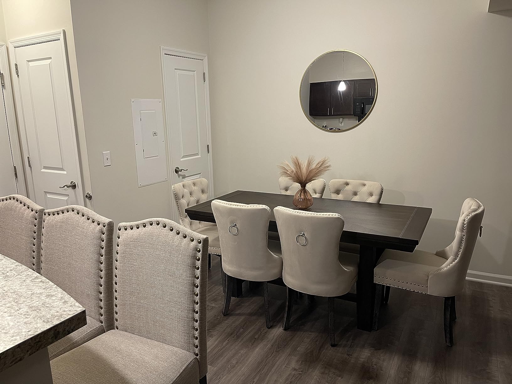 KCC Velvet Dining Chairs Set of 4, Upholstered High-end Tufted Dining Room Chair with Nailhead Back Ring Pull Trim Solid Wood Legs, Nikki Collection Modern Style for Kitchen, Beige customer photo 2