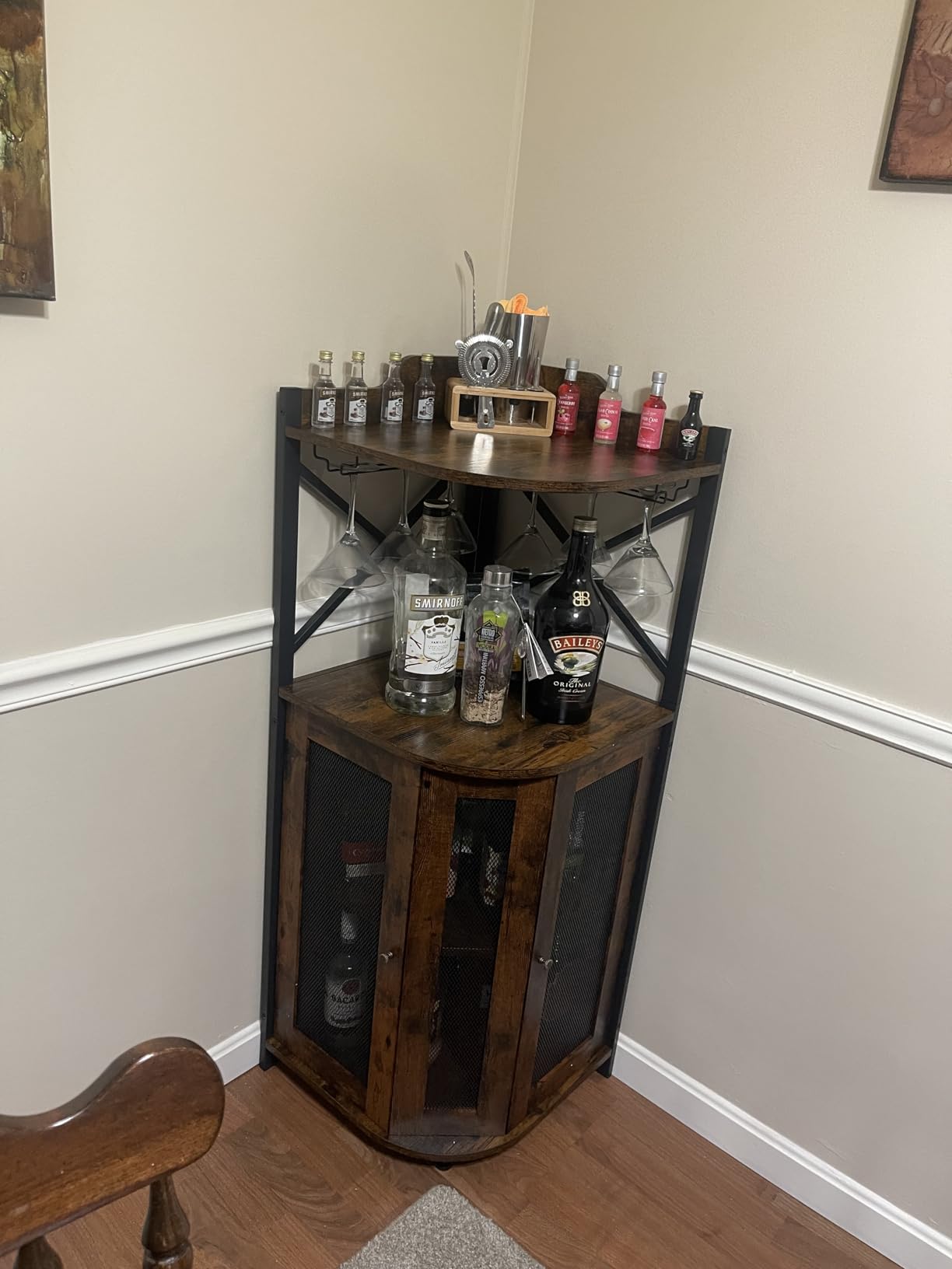 JKsmart Corner Bar Cabinet with LED Lights,Industrial Wine Cabinet with Glass Holder,4-Tier Wine Cabinet with Door and Shelf,Farmhouse Home Bar for Liquor Wine Coffee Storage,Rustic Brown customer photo 2