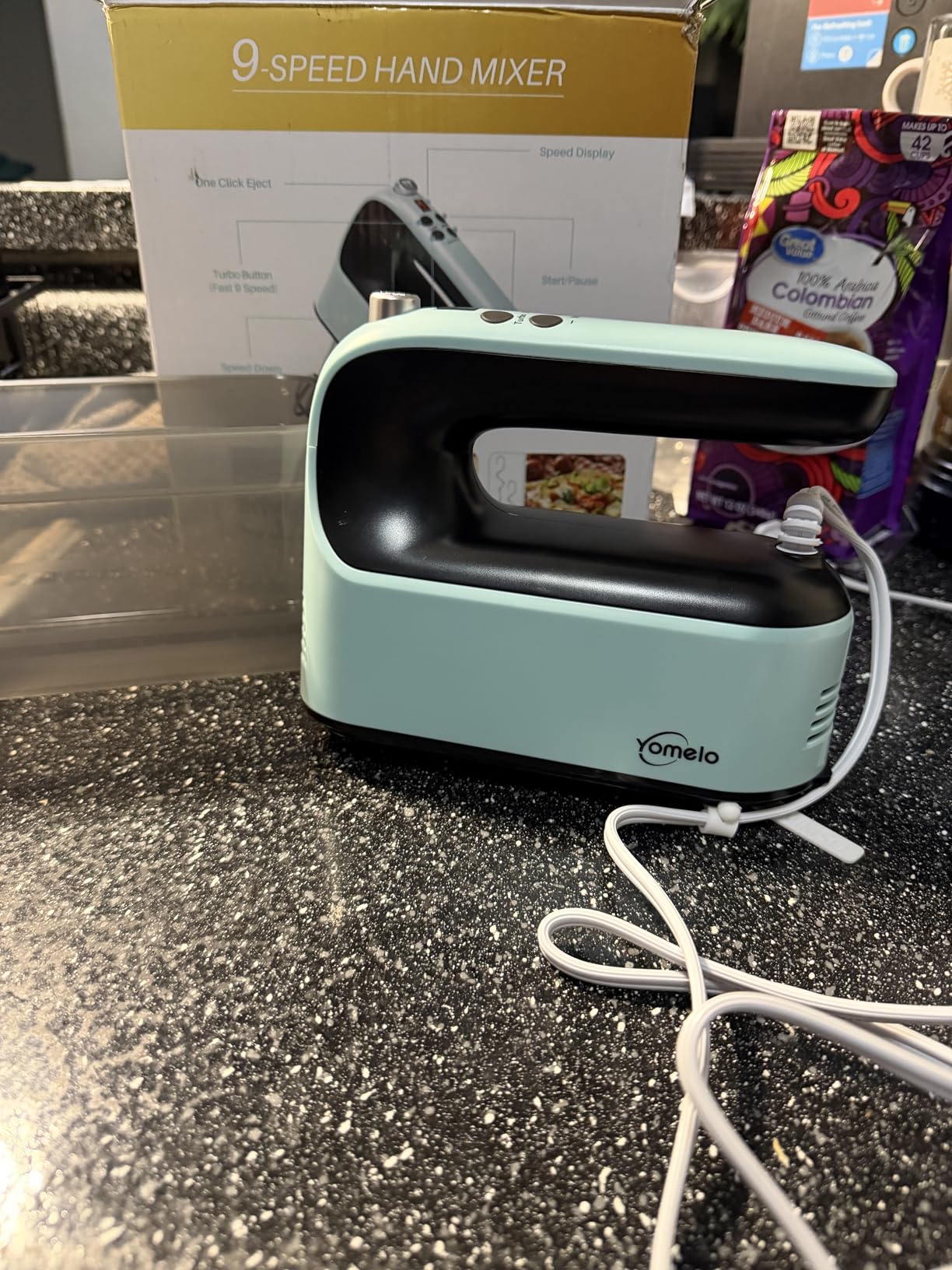 Yomelo 9-Speed Digital Hand Mixer Electric, 400W Powerful DC Motor, Hand Mixer Electric Handheld with Snap-On Storage Case, 5 Stainless Steel Accessories, Beaters, Dough Hooks, Whisk(Ice Blue/Black) customer photo 2