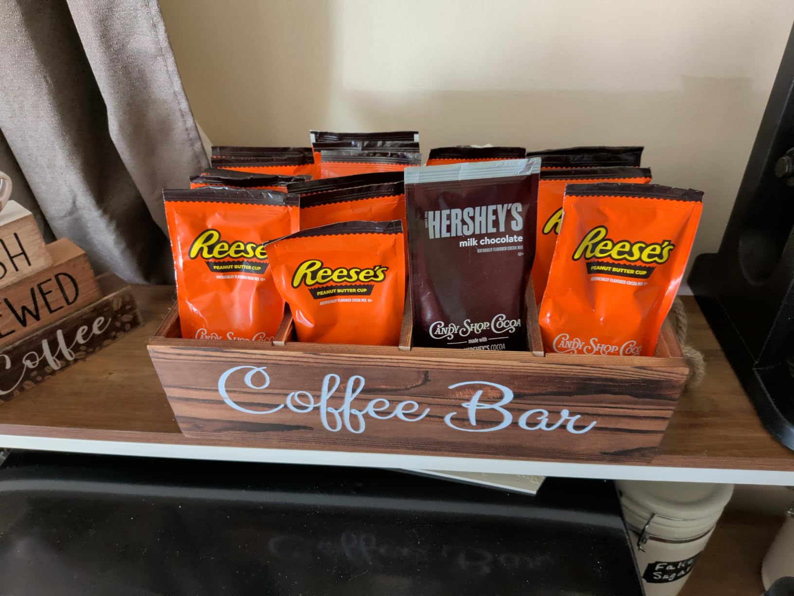 QUALLON Coffee Station Organizer with Small Removable Dividers, Wooden Coffee Bar Accessories Storage For Countertop, Farmhouse Kcup Coffee Pod Holder Basket With Handle For Coffee Lover customer photo 1
