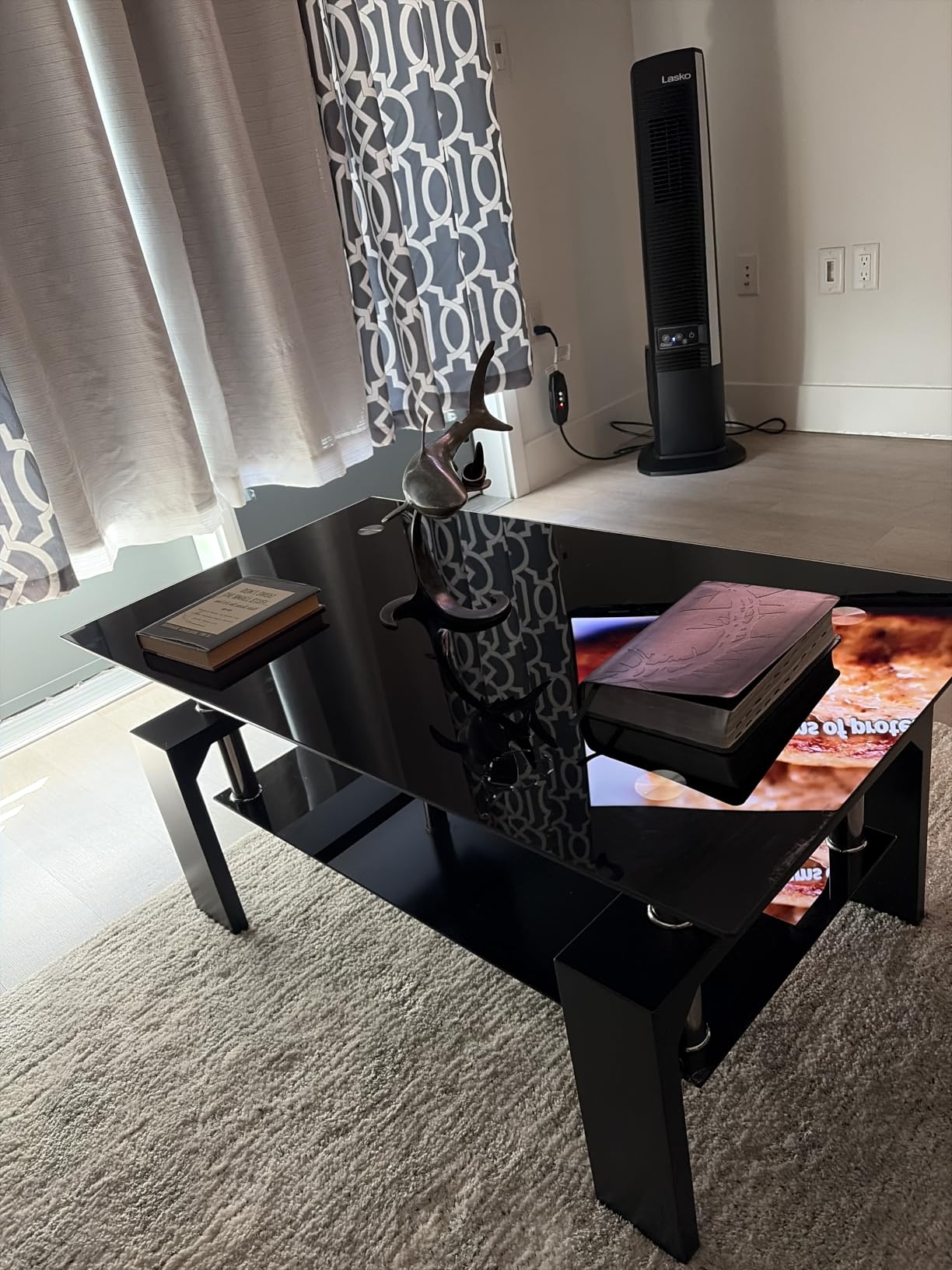 Btrpily Living Room Rectangle Coffee Table, Tea Table Suitable for Waiting Room, Modern Side Coffee Table with Wooden Leg, Glass Tabletop with Lower Shelf, 39.5D x 23.5W x 17.5H in, Black customer photo 1