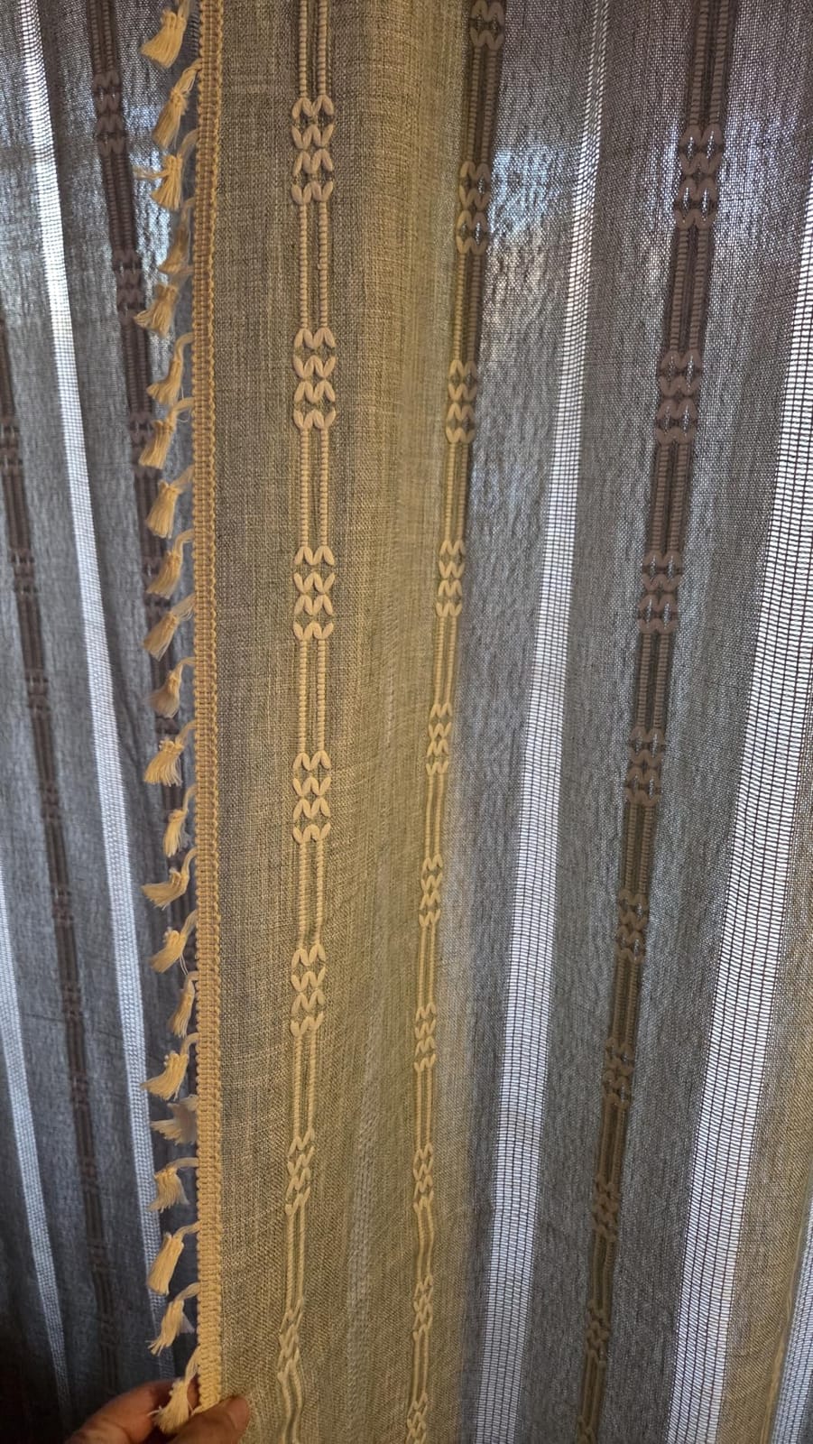 Linen Curtains 84 Inches Long - Embroidery Striped Farmhouse for Living Room, Tassel Boho for Bedroom, Light Filtering 2 Panels Set Rod Pocket Drapes (52