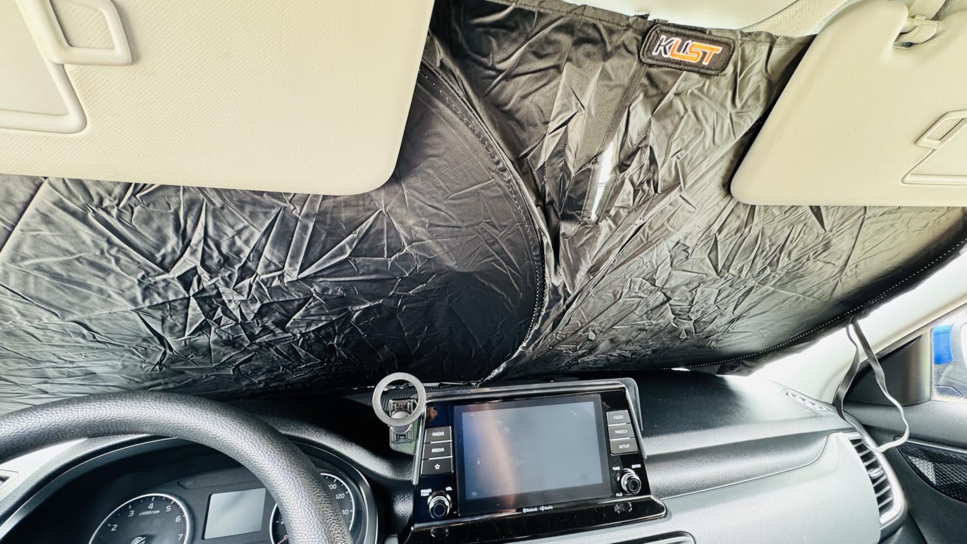 KUST Windshield Sun Shade for 2017-2026 Tesla Model Y/Model 3 Sunshade Accessories (Fit 2025-2026 Model Y Juniper / 2024 Model 3 Highland) Upgraded Foldable Sunshade, Blocks UV Rays Keep Car Cool customer photo 2