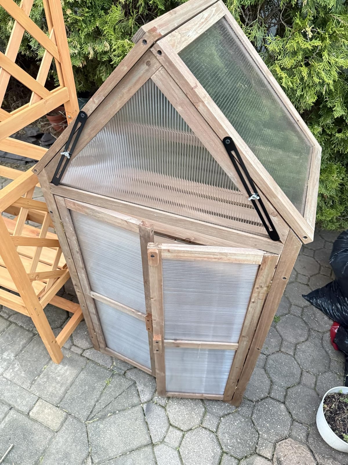 LDAILY Cold Frame Greenhouse, Wooden Raised Flower Planter Shelf w/ Triangular Top Grow Protection, Double Doors, Greenhouse Cabinet for Outdoor Patio Balcony Garden Backyard, 27