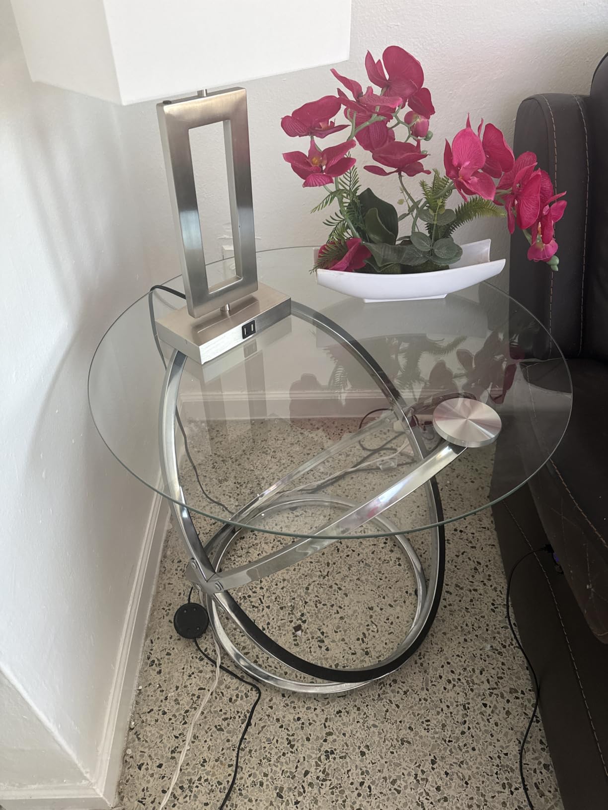 O&K FURNITURE Silver Coffee Table, Modern Glass Coffee Table Living Room Table with Ring-Shaped Frames, Glass Coffee Table for Home&Office, Chrome Finish, 1 PC customer photo 1