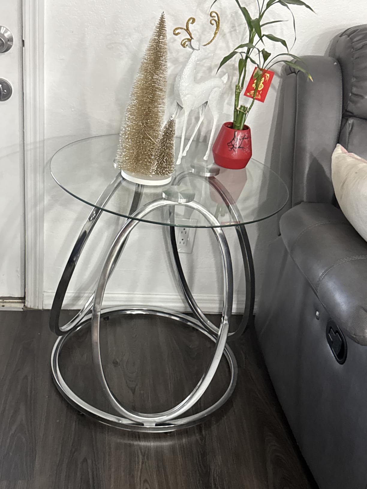 O&K FURNITURE Silver Coffee Table, Modern Glass Coffee Table Living Room Table with Ring-Shaped Frames, Glass Coffee Table for Home&Office, Chrome Finish, 1 PC customer photo 2