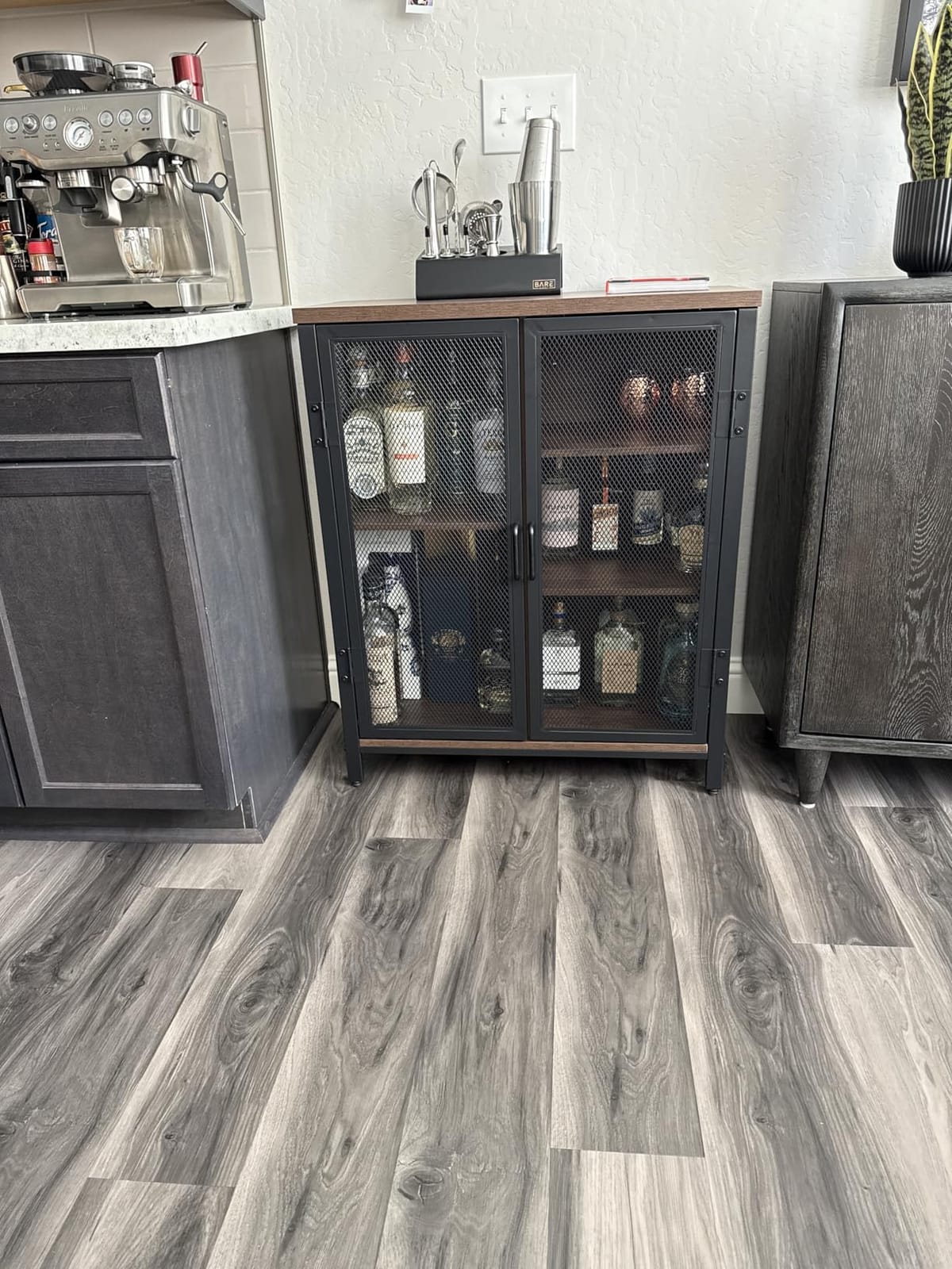 BON AUGURE Coffee Bar Cabinet for Liquor, Small Storage Cabinet, Rustic Oak | 2 Doors, Industrail Alcohol Cabinet, Adjustable Shelves, Farmhouse Sideboard Buffet for Home Kitchen, Dining, Living Room customer photo 2