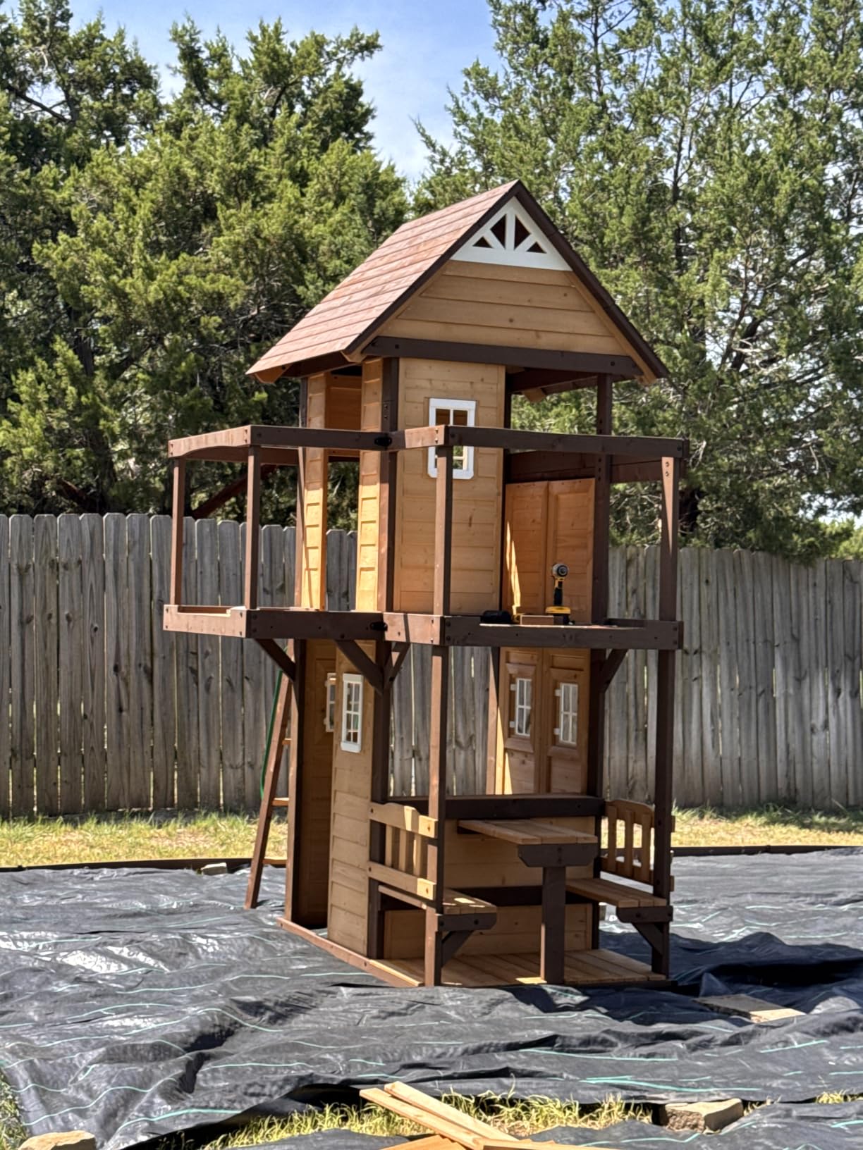 Backyard Discovery Canyon Creek Cedar Wood Swing Set with Wave Slide, Clubhouse, Play Kitchen, Picnic Area, Belt Swings, Web Swing, Rock Wall, Balconies, Playhouse, Step Ladder, Outdoor Playset customer photo 2