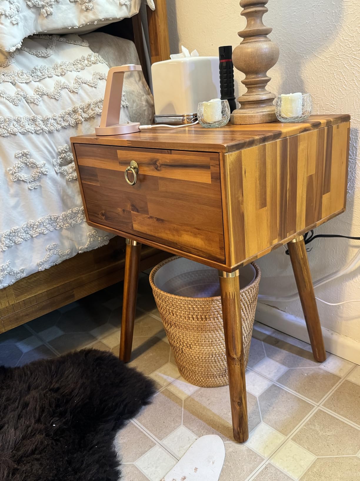 Bme Alden Solid Wood Nightstand/Side Table/End Table, Fully Assembled, with 1-Drawer for Mid Century Bedroom and Living Room, (12mm), Dark Chocolate customer photo 2