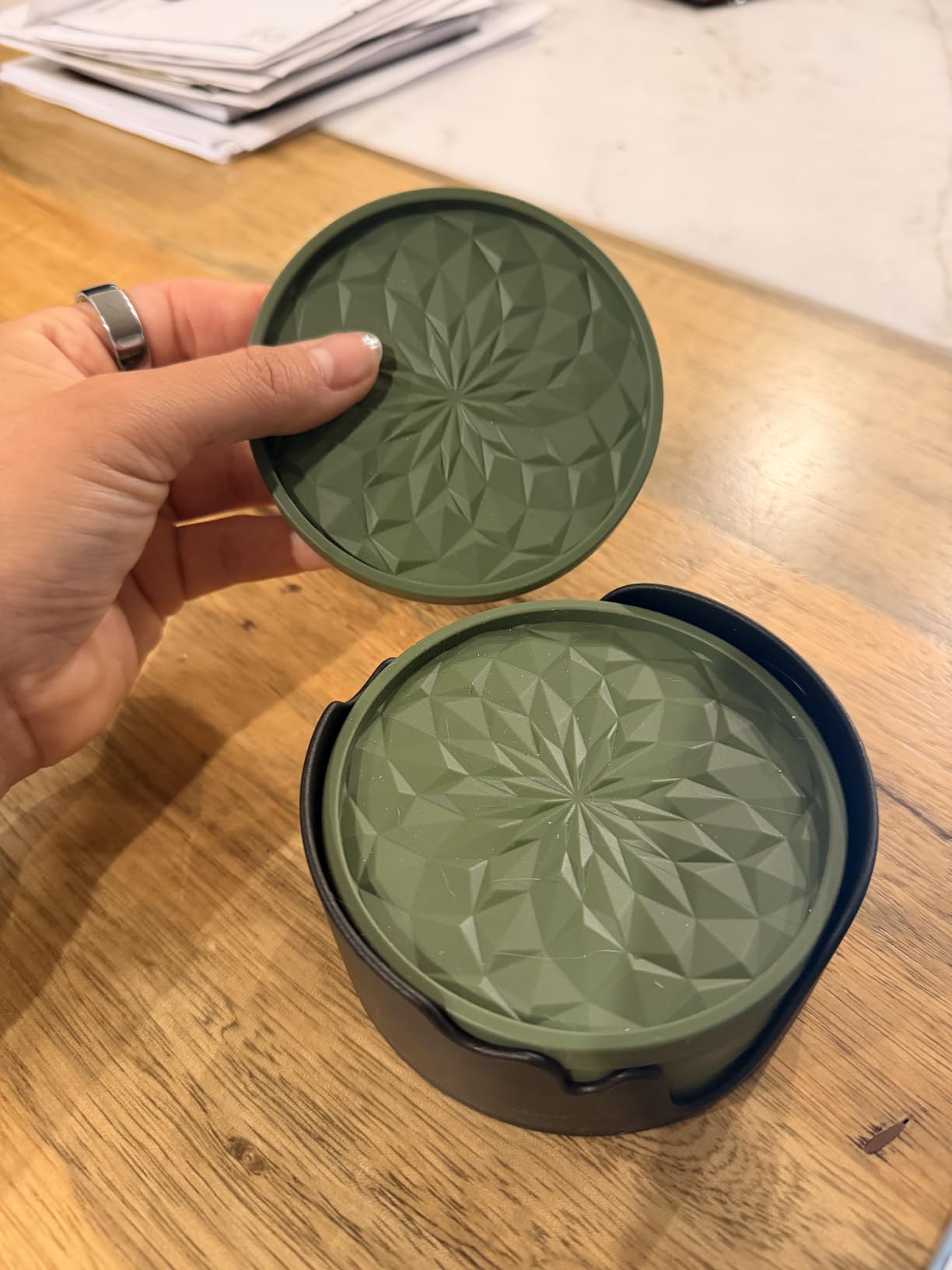 ME.FAN Silicone Coasters with Holder,[6 Pack] Drinking Coasters - Cup Mat for Hot or Cold Drinks, Thickened, Non-Slip, Non-Stick,Deep Tray Black customer photo 2