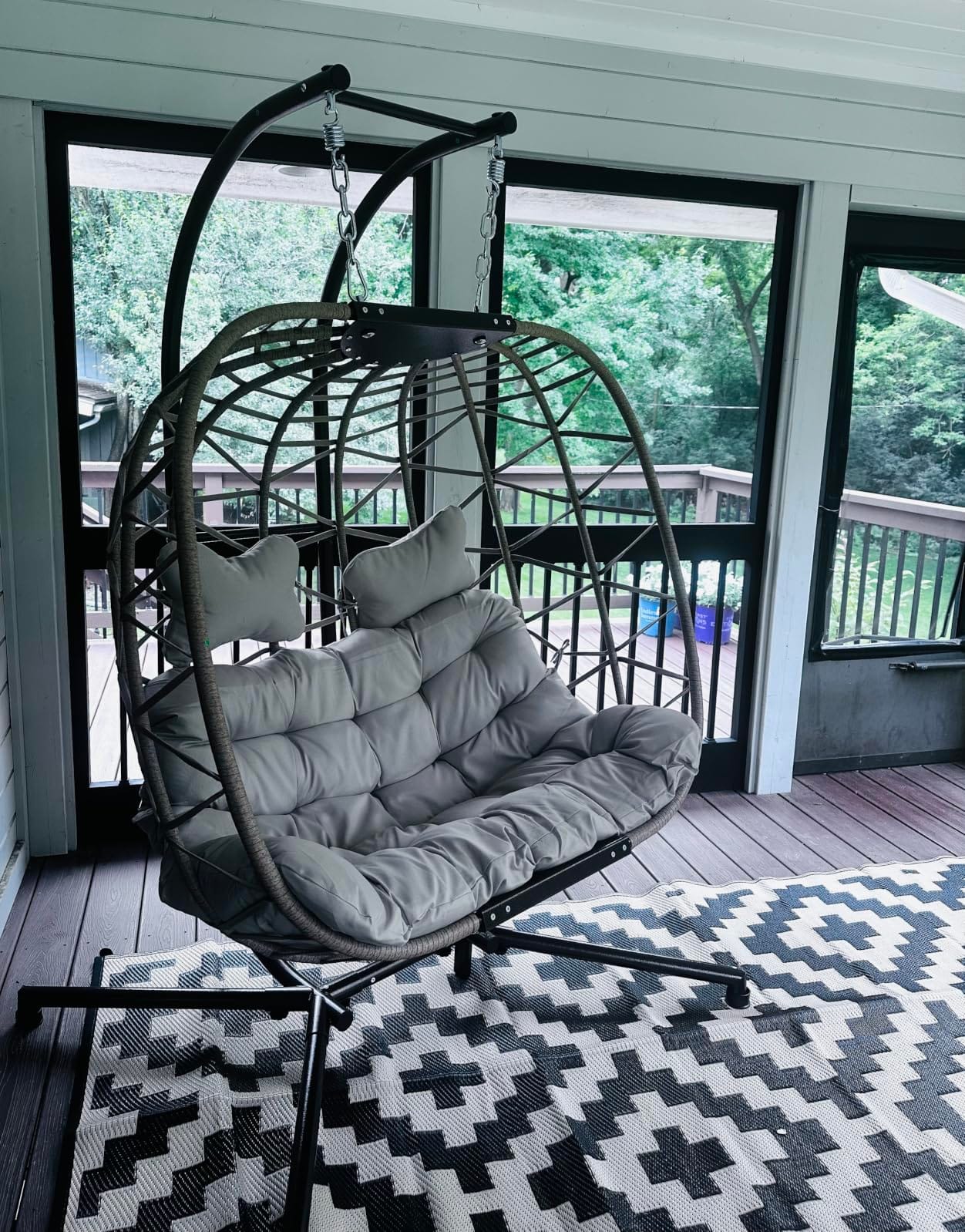 NICESOUL Double Swing Egg Chair with Stand, Extra Large 2 Person Indoor Outdoor Wicker Loveseat, Oversized Patio Hanging Basket Chair with Cushions, Cozy Sturdy Porch Swing for Backyard Balcony, Beige customer photo 2