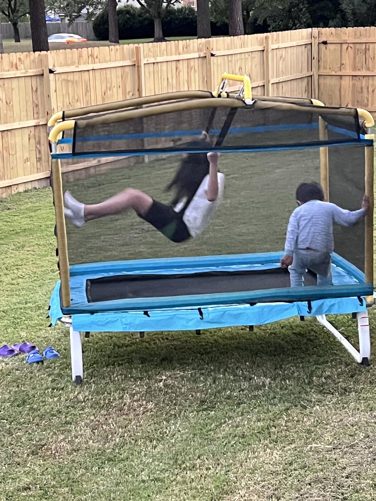 GYMAX Trampoline for Kids, 75” ASTM Approved Recreational Trampolines with Swing, Horizontal Bar & Enclosure Net, Mini Rectangle Trampoline for Baby Toddlers Indoor/Outdoor customer photo 2