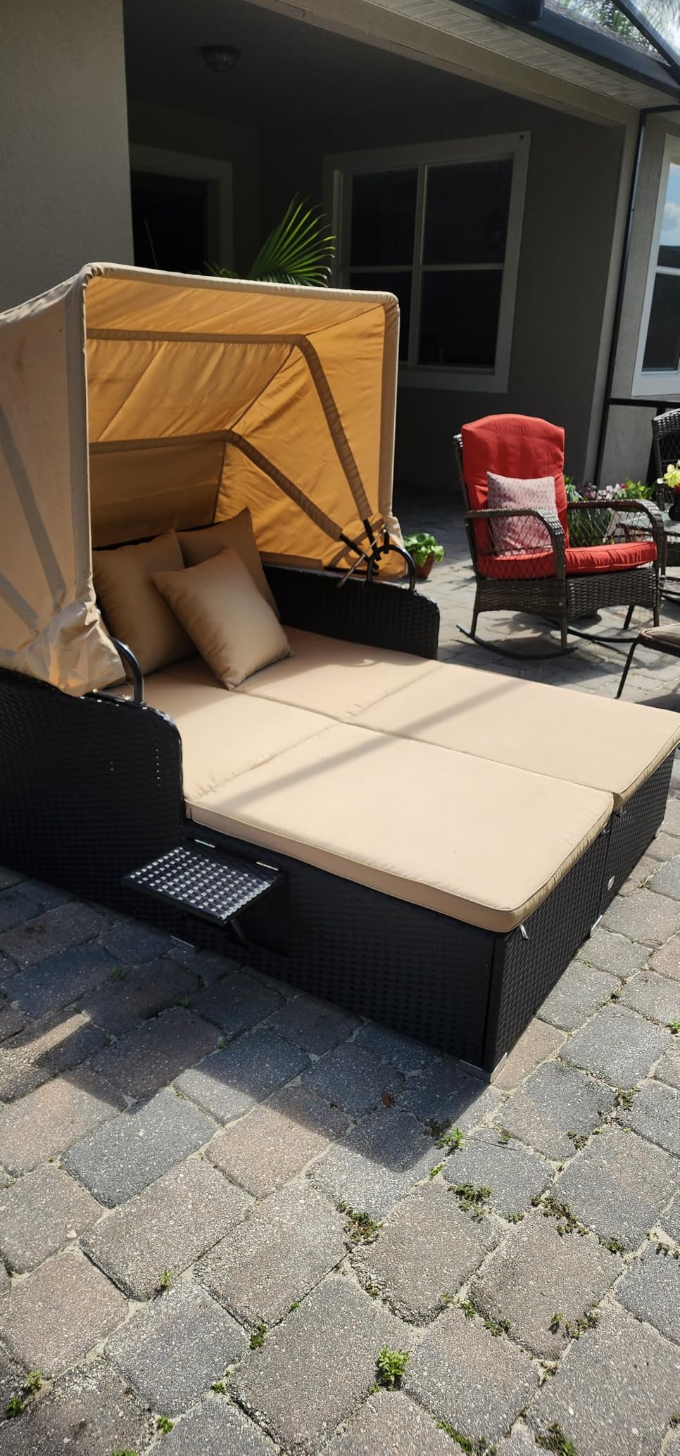 HAPPYGRILL Outdoor Hand-Woven PE Wicker Daybed Patio Loveseat Sofa Set with Retractable Canopy & 2 Side Tables, Outdoor Sun Lounger with Soft Cushions customer photo 1