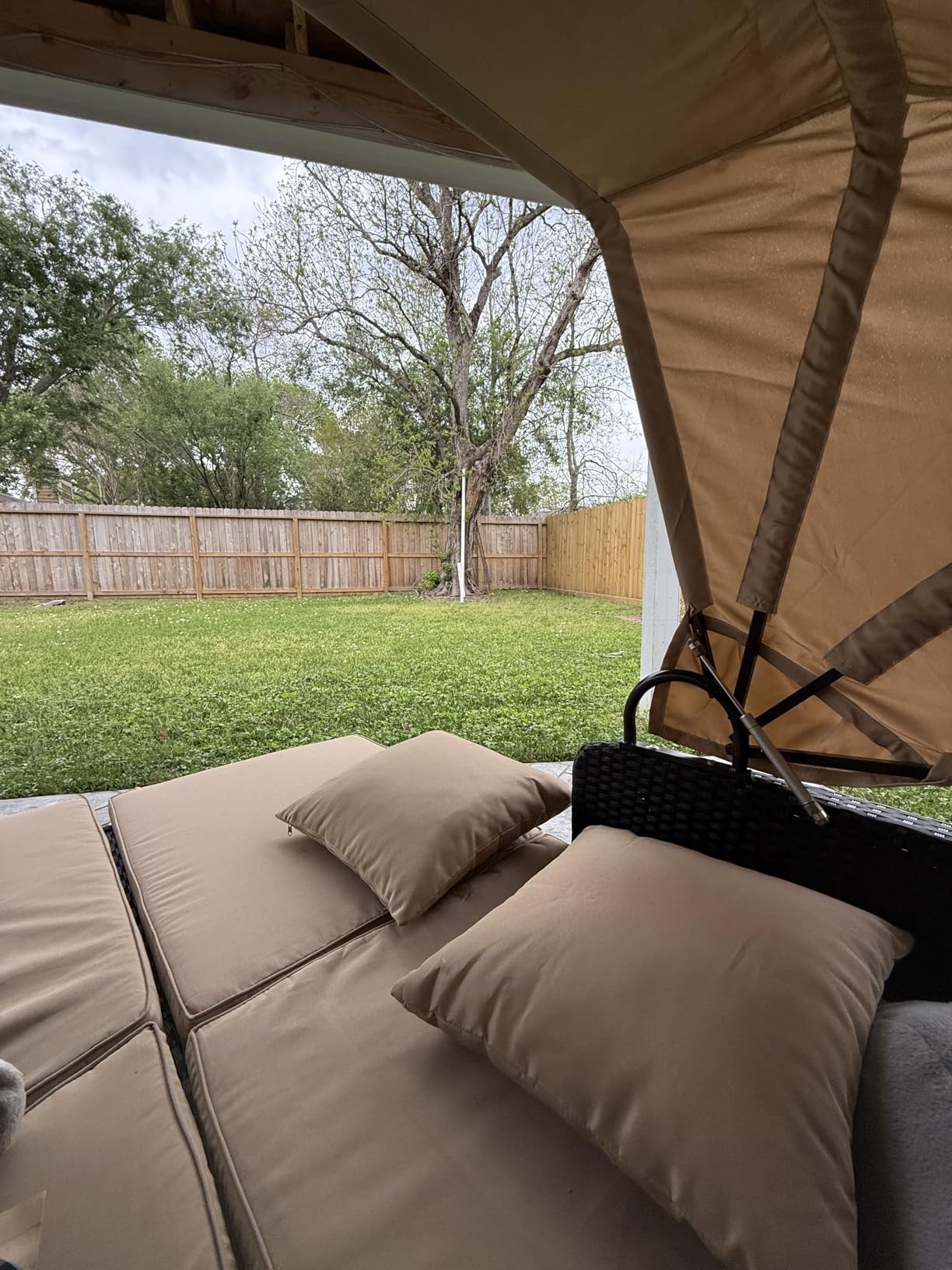 HAPPYGRILL Outdoor Hand-Woven PE Wicker Daybed Patio Loveseat Sofa Set with Retractable Canopy & 2 Side Tables, Outdoor Sun Lounger with Soft Cushions customer photo 2