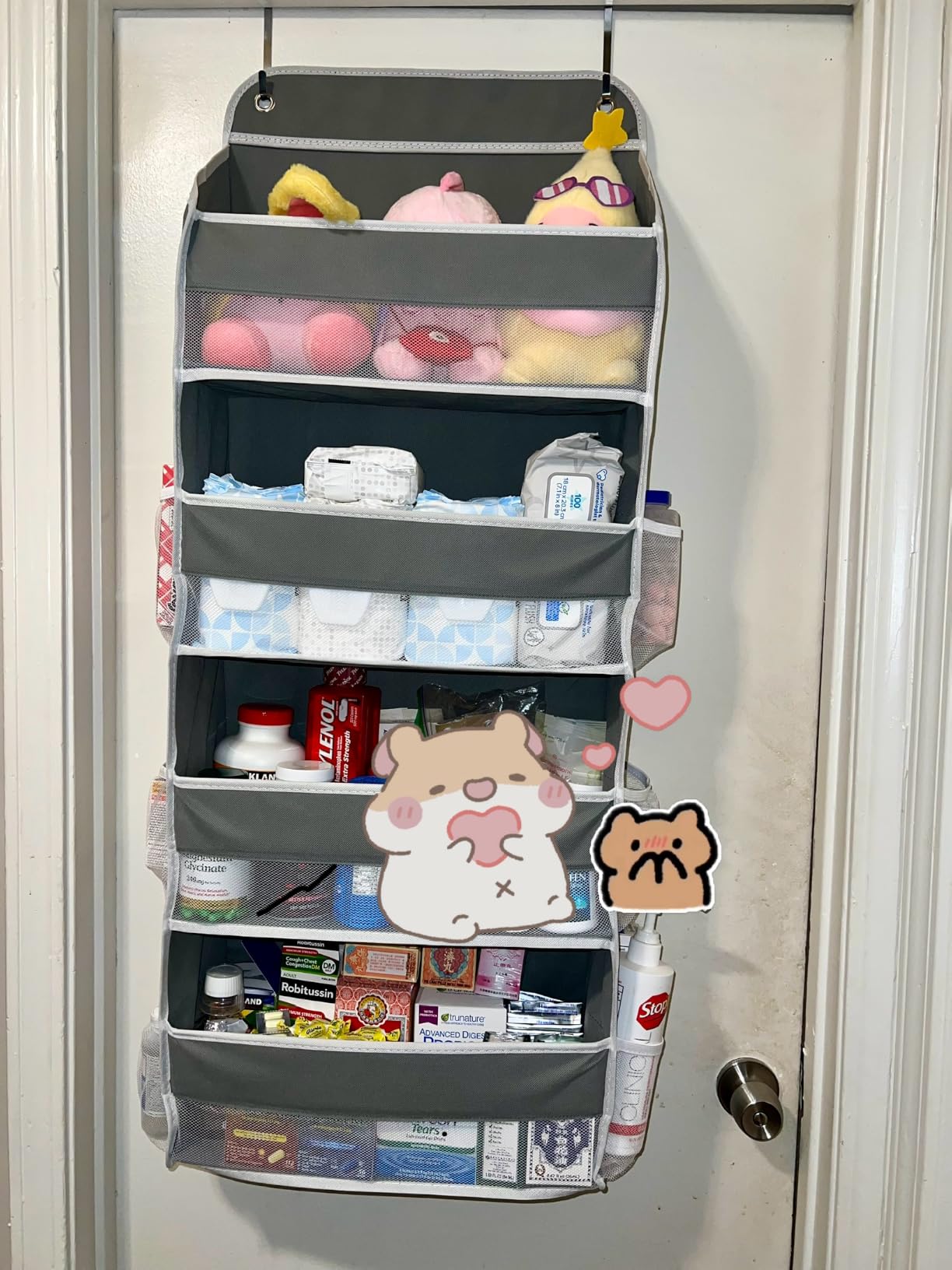 Yecaye 1 Pack Over the Door Organizer, 35.2lbs Load Toy Stuffed Animal Storage, Large Capacity Swing-proof Hanging Bathroom Organizers and Storage for Nursery Newborn Baby Essential Stuff Grey customer photo 2