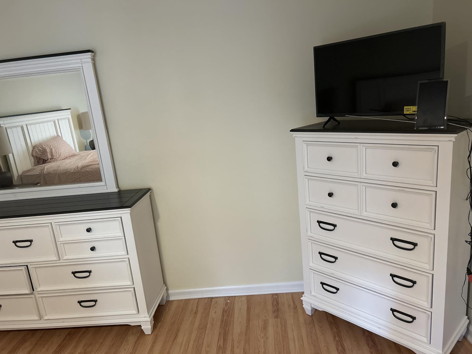 Clelane Wood Bedroom Set with Shiplap Panel King Bed, Dresser, Mirror, Two Nightstands, and Chest in Weathered White and Dark Gray customer photo 2