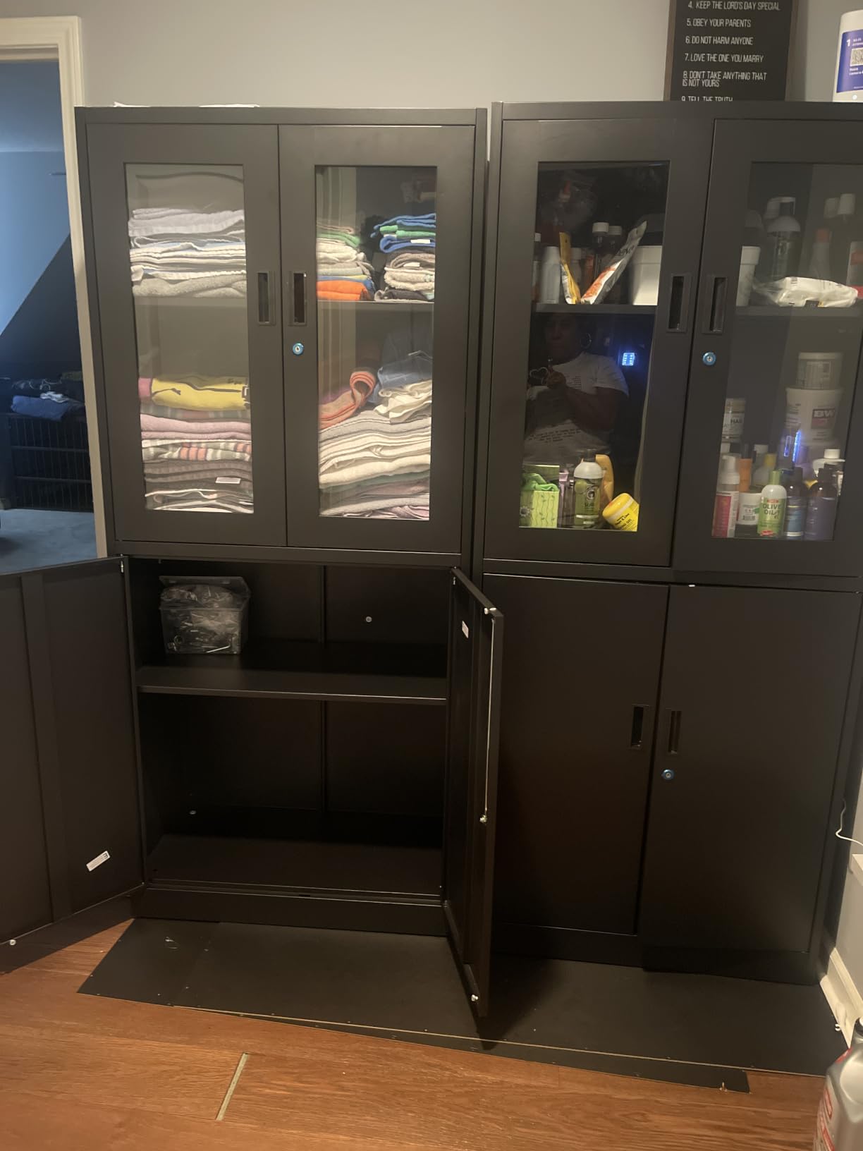 PEUKC Display Cabinet with Glass Doors, 71 Inches Metal Display Case with 4 Adjustable Shelves, Curio Storage Cabinet with Lock for Home, Office, Book, Pantry, Assemble Required (White) customer photo 1