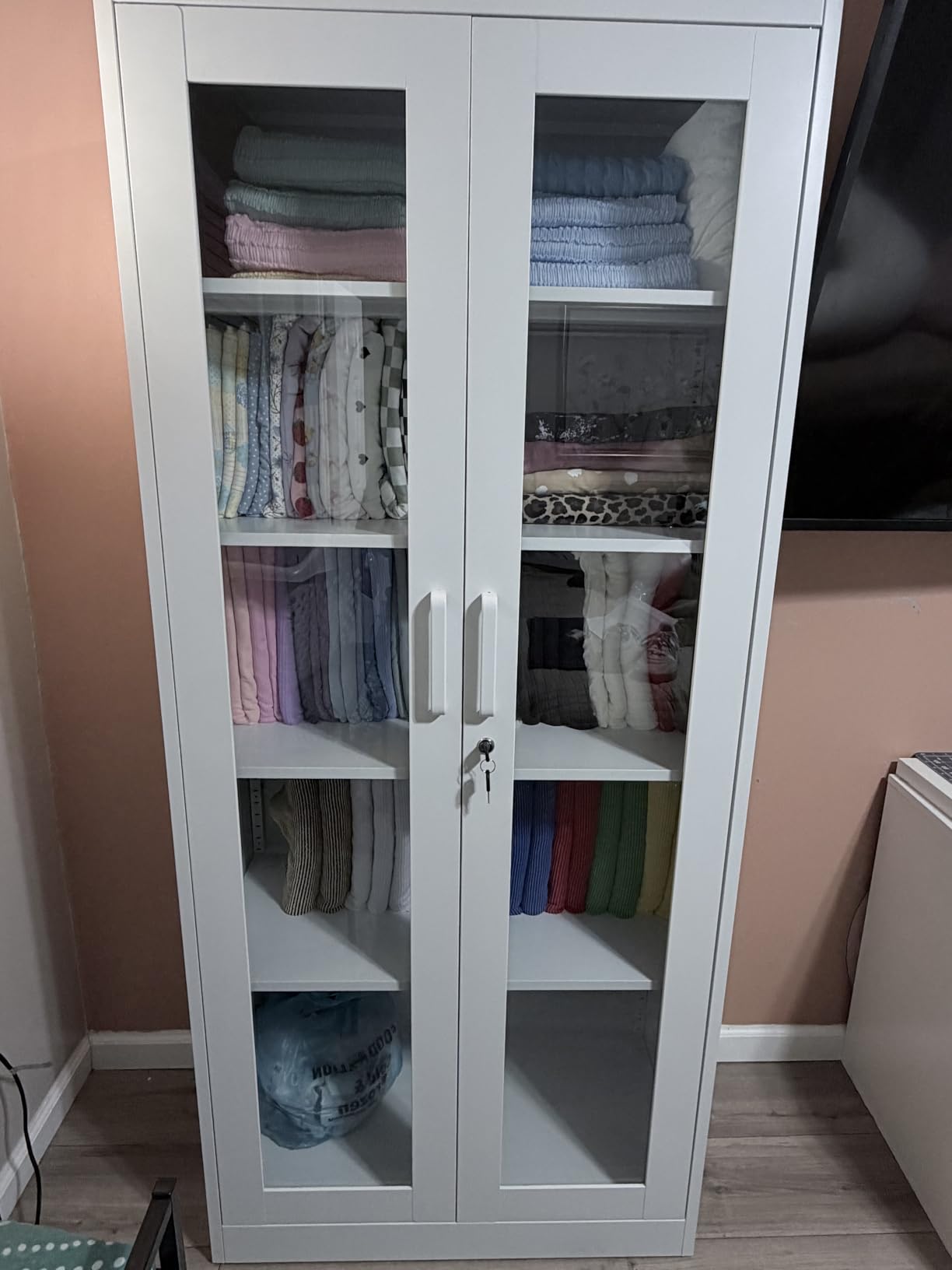 PEUKC Display Cabinet with Glass Doors, 71 Inches Metal Display Case with 4 Adjustable Shelves, Curio Storage Cabinet with Lock for Home, Office, Book, Pantry, Assemble Required (White) customer photo 2
