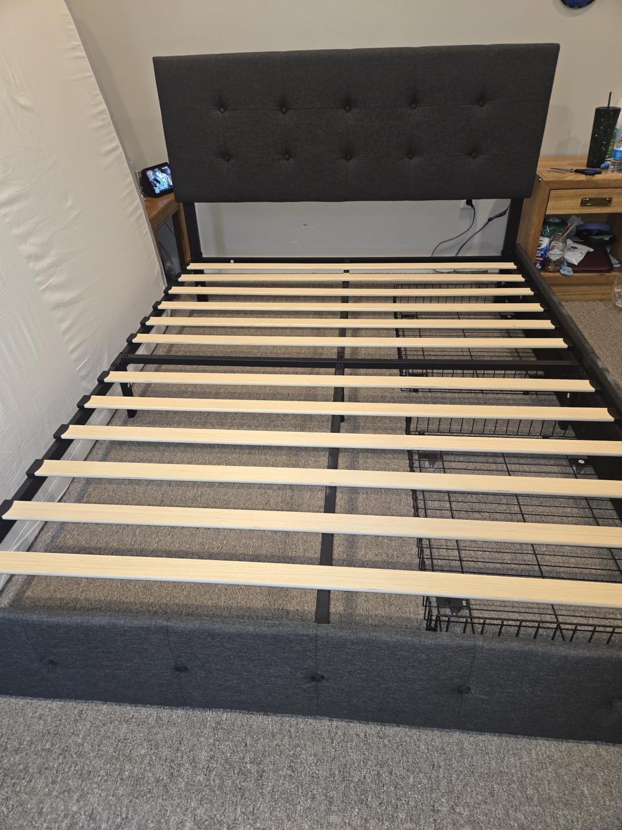 Allewie Queen Size Storage Bed Frame with 4 Underbed Drawers, Upholstered Platform Bed with Adjustable Headboard, Diamond Button Tufted, Easy Assembly, Noise-Free, No Box Spring Needed, Light Grey customer photo 1