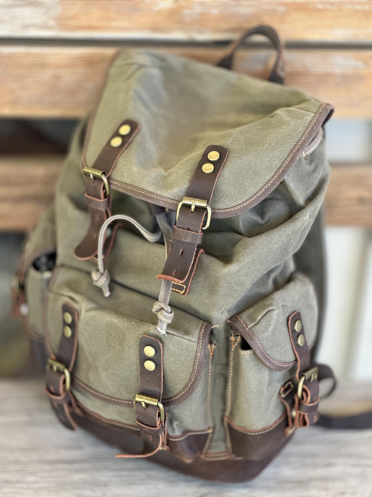 HuaChen Waxed Canvas Backpack for Men Women, Vintage Leather Rucksack with 15.6 Inch Laptop Sleeve, Water-Resistant 22L Travel Daypack for Work College Hiking, M86 Army Green Coffee customer photo 1