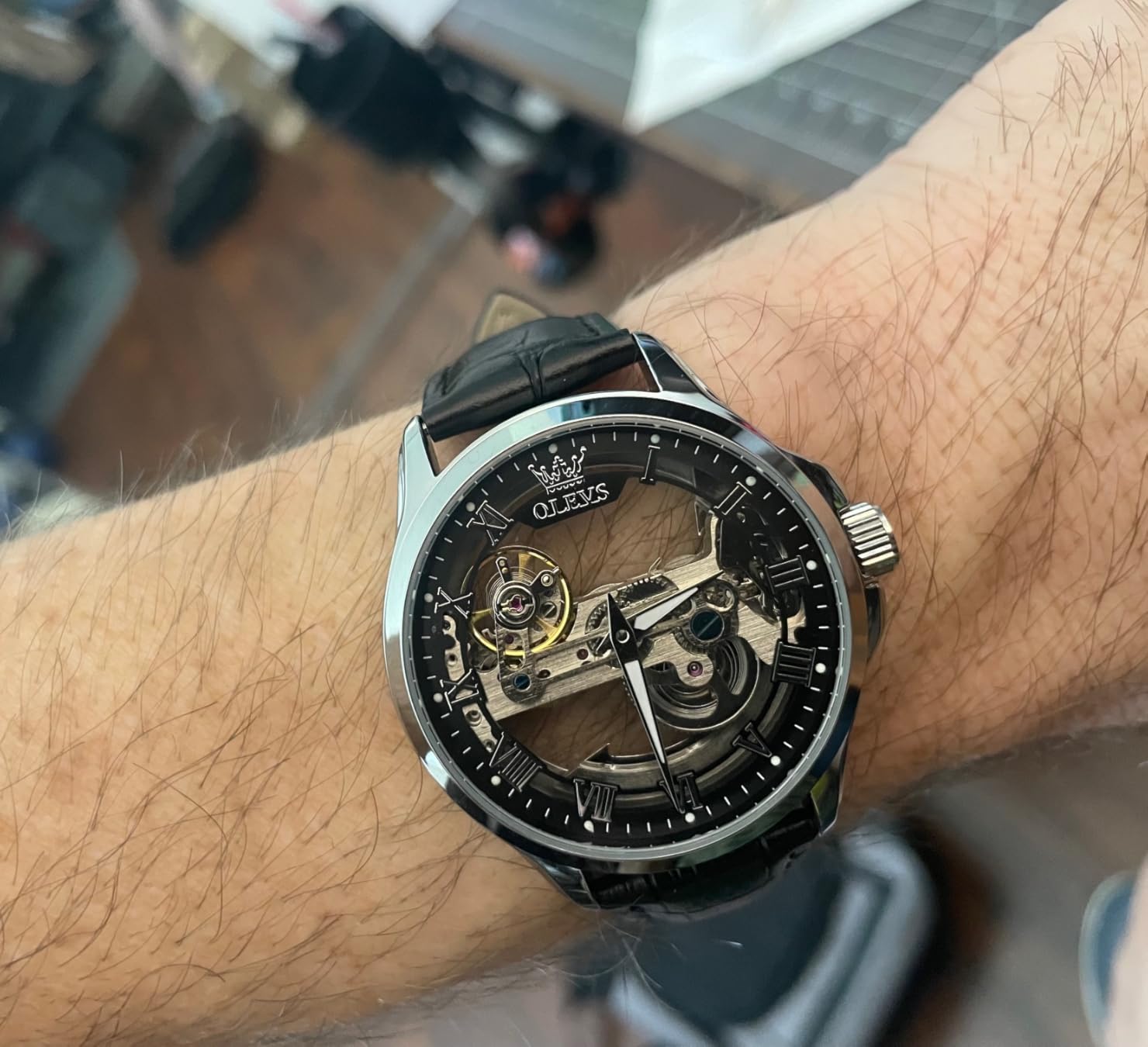 OLEVS Mechanical Dress Mens Watches Square Brown Leather Strap Moon Phase Skeleton Tourbillion Day Date Waterproof Luminous Men's Wrist Watches customer photo 1
