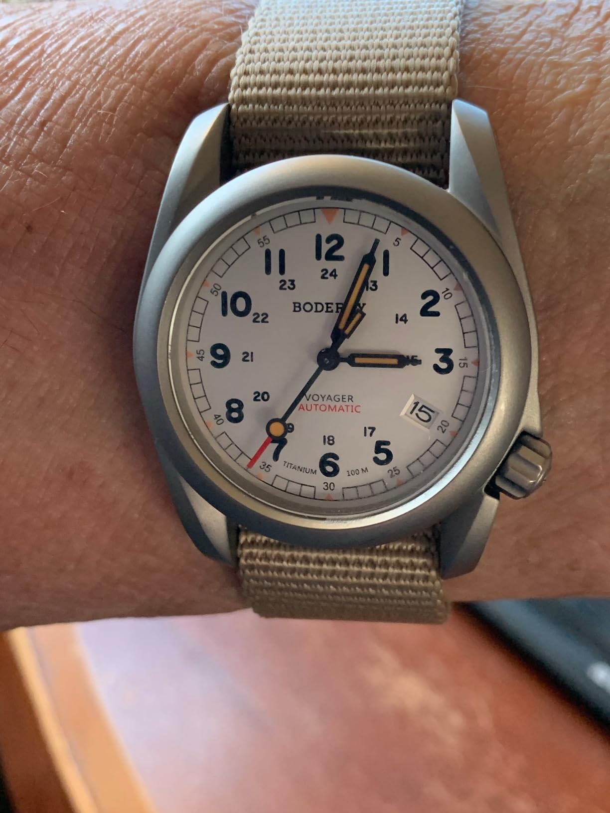 BODERRY Men's Watch Titanium Automatic Field Watch 40mm Military Watch Day Date Function 100M Waterproof with Nylon Strap Japanese Mechanical Movement & Screw Down Crown—Voyager customer photo 1