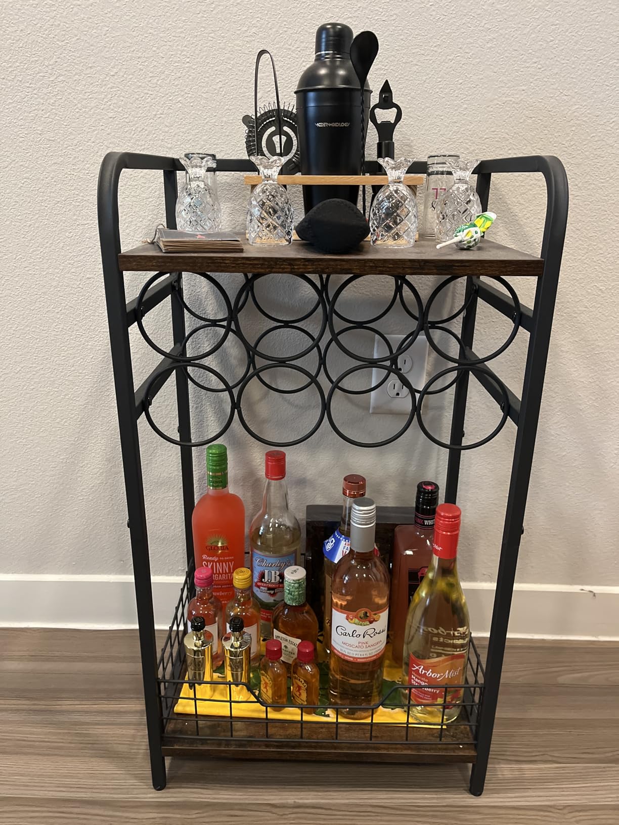 3-Tier Wine Rack Freestanding Floor Cabinet Corner Bar Cabinet Bar Cart,12 Individual Wine Storage Bottle Compartments Corner Bar Cabinet Holder,Wood + Black Frame Liquor Cabinet customer photo 1