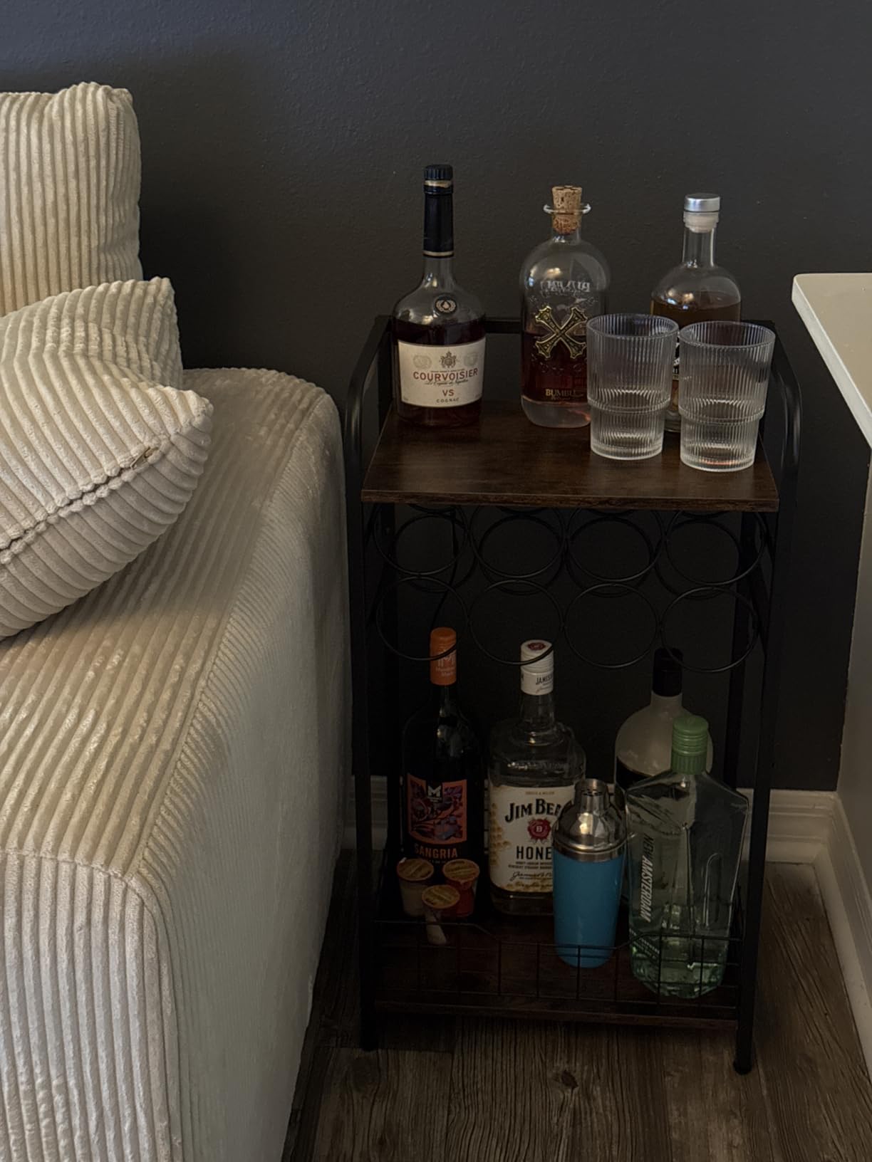 3-Tier Wine Rack Freestanding Floor Cabinet Corner Bar Cabinet Bar Cart,12 Individual Wine Storage Bottle Compartments Corner Bar Cabinet Holder,Wood + Black Frame Liquor Cabinet customer photo 2