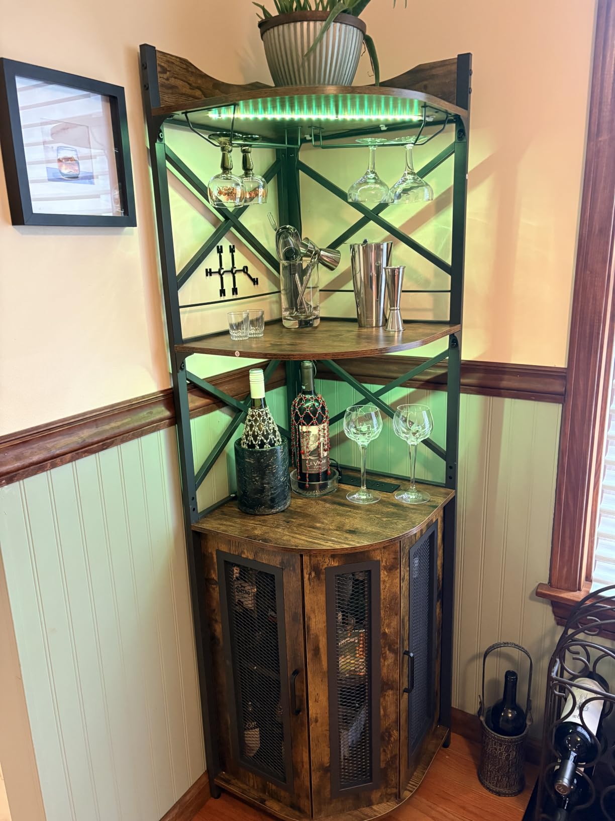 Aheaplus Corner Bar Cabinet with Power Outlet, Industrial Liquor Cabinet | 5-Tiers Wine Cabinet Mini Bar Unit with LED Strip and Glass Holder for Home, Corner Display Cabinet for Small Space, Black customer photo 1