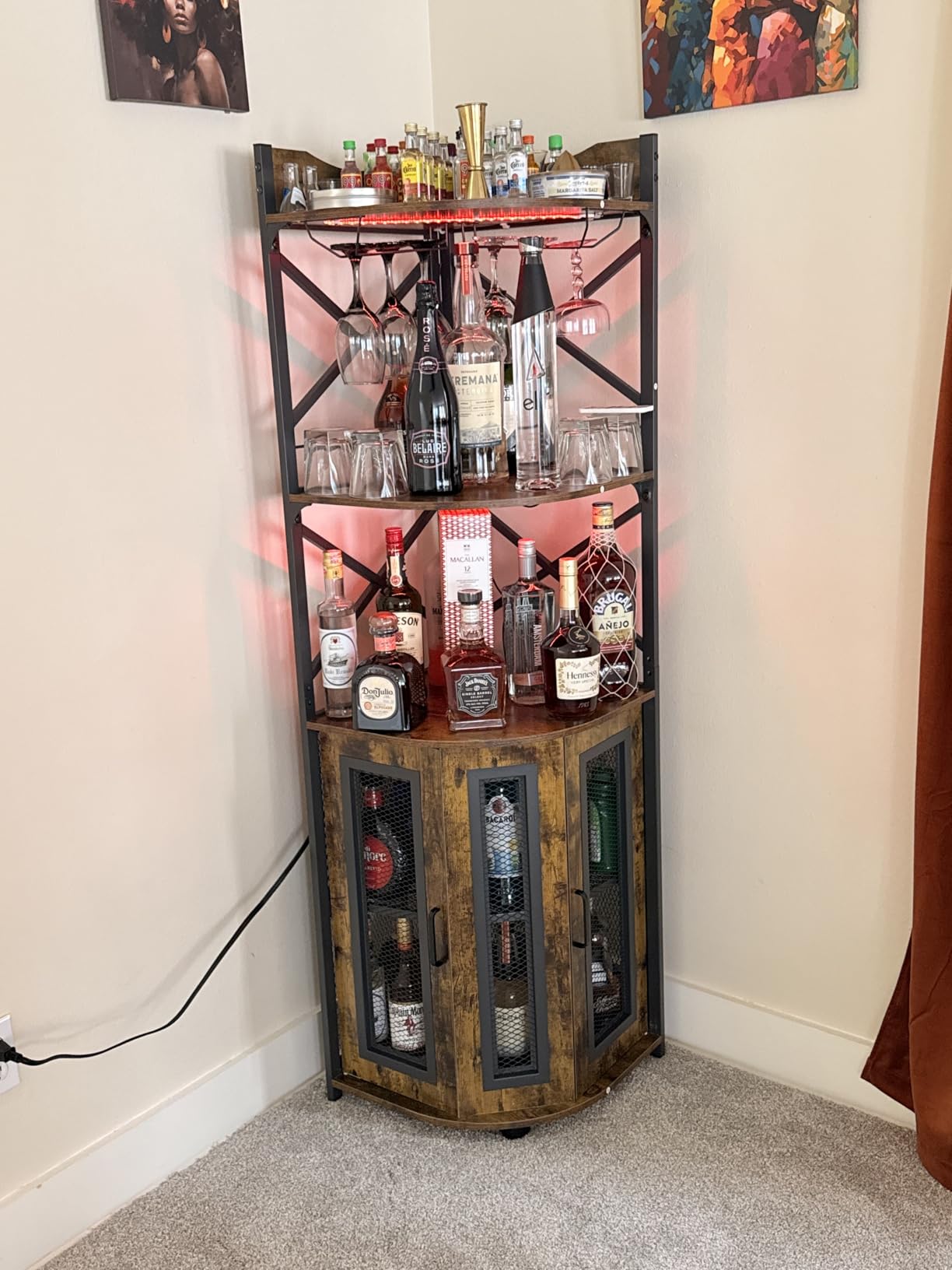 Aheaplus Corner Bar Cabinet with Power Outlet, Industrial Liquor Cabinet | 5-Tiers Wine Cabinet Mini Bar Unit with LED Strip and Glass Holder for Home, Corner Display Cabinet for Small Space, Black customer photo 2