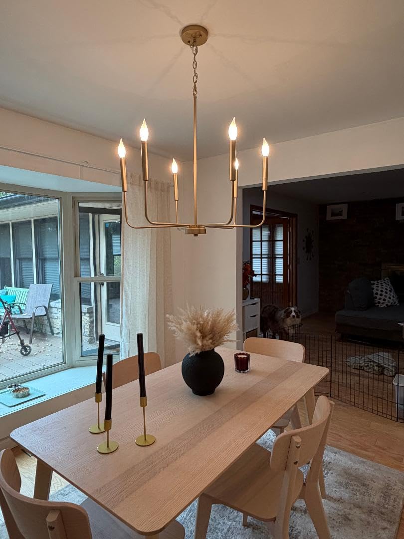 Modern Gold Chandelier for Dining Room,Metal 6-Light Kitchen Light Fixtures,Farmhouse Candle Hanging Pendant Light for Living Room Entryway Foyer Bedroom (Bulb Not Included) customer photo 1