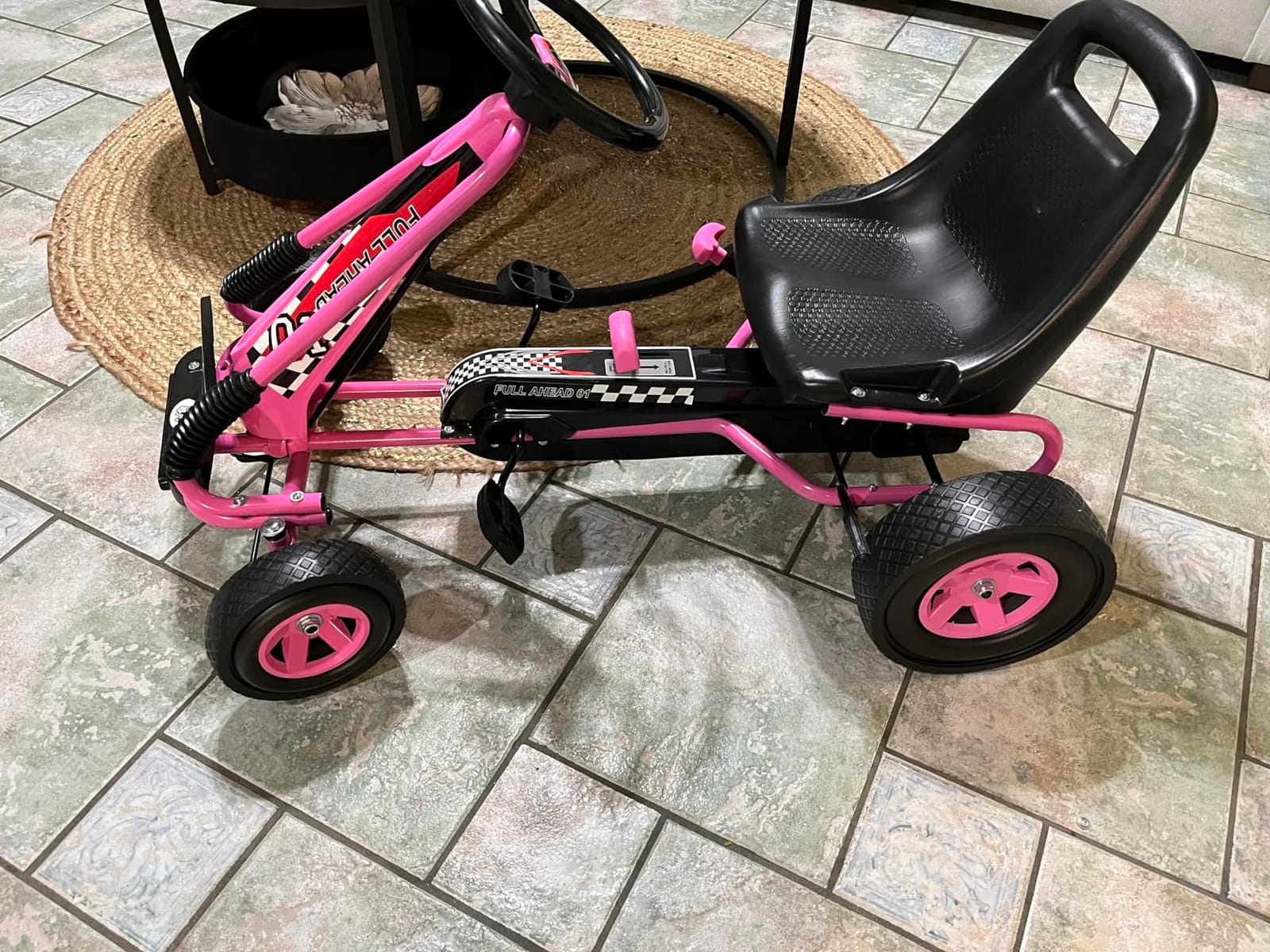 HONEY JOY Go Kart for Kids, 4 Wheel Quad Off-Road Pedal On Foot Go Cart w/Steering Wheels & Adjustable Seat, 2 Safety Brakes, EVA Rubber Tires, Clutch, Outdoor Racer Ride On Pedal Car (Pink) customer photo 2