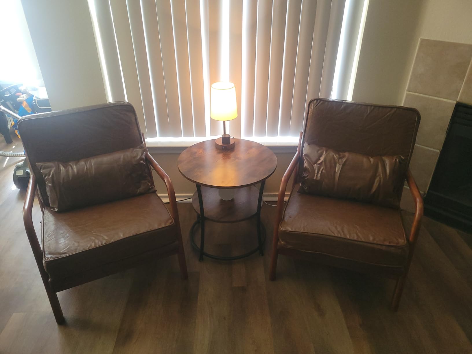 Mid Century Modern Accent Chair Set of 2 Living Room- Comfy Solid Wood Arm Chair with Lumber Pillow Lounge Decorative Brown Leather Office Side Chair Bedroom Reading Nook Sillas De Sala Microfiber customer photo 2