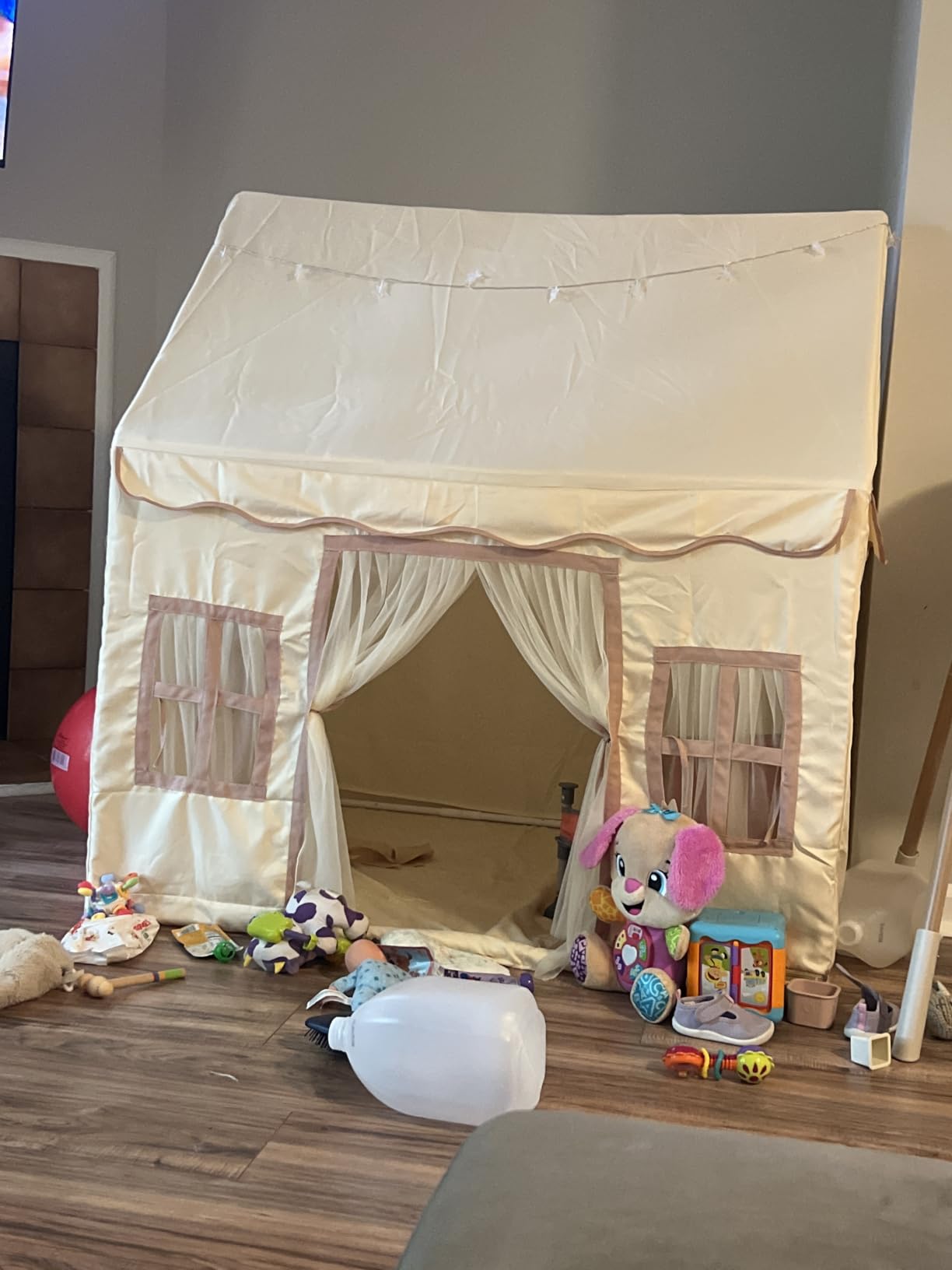 Large Kids Tent Playhouse Base Fabric with Star Lights, Flags and Tote Bags, Kids Play Tent Indoor & Outdoor, Washable Teepee Tent for Boys & Girls, Play House for Toddler, Neutral Color customer photo 2