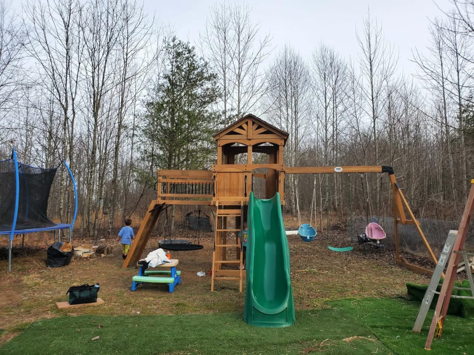 Backyard Discovery Sterling Point Cedar Wood Swing Set with Wave Slide, Raised Clubhouse, Wooden Bridge, Rock Wall, Belt Swings, Web Swing, Trapeze, Balcony, Climbing Wall, Ladder, Outdoor Playset customer photo 2