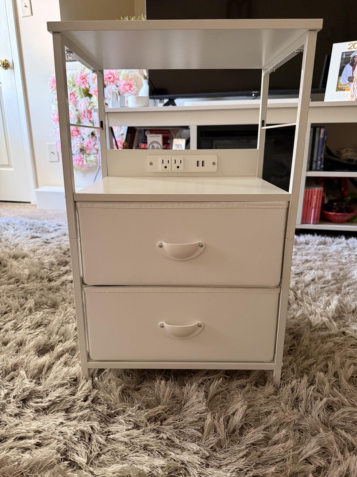 Furologee End Table with Charging Station, Nightstand with Fabric Drawers, Side Tables with USB Ports & Outlets, Night Stand with Storage Shelf & Hooks, for Living Room/Bedroom, White customer photo 1