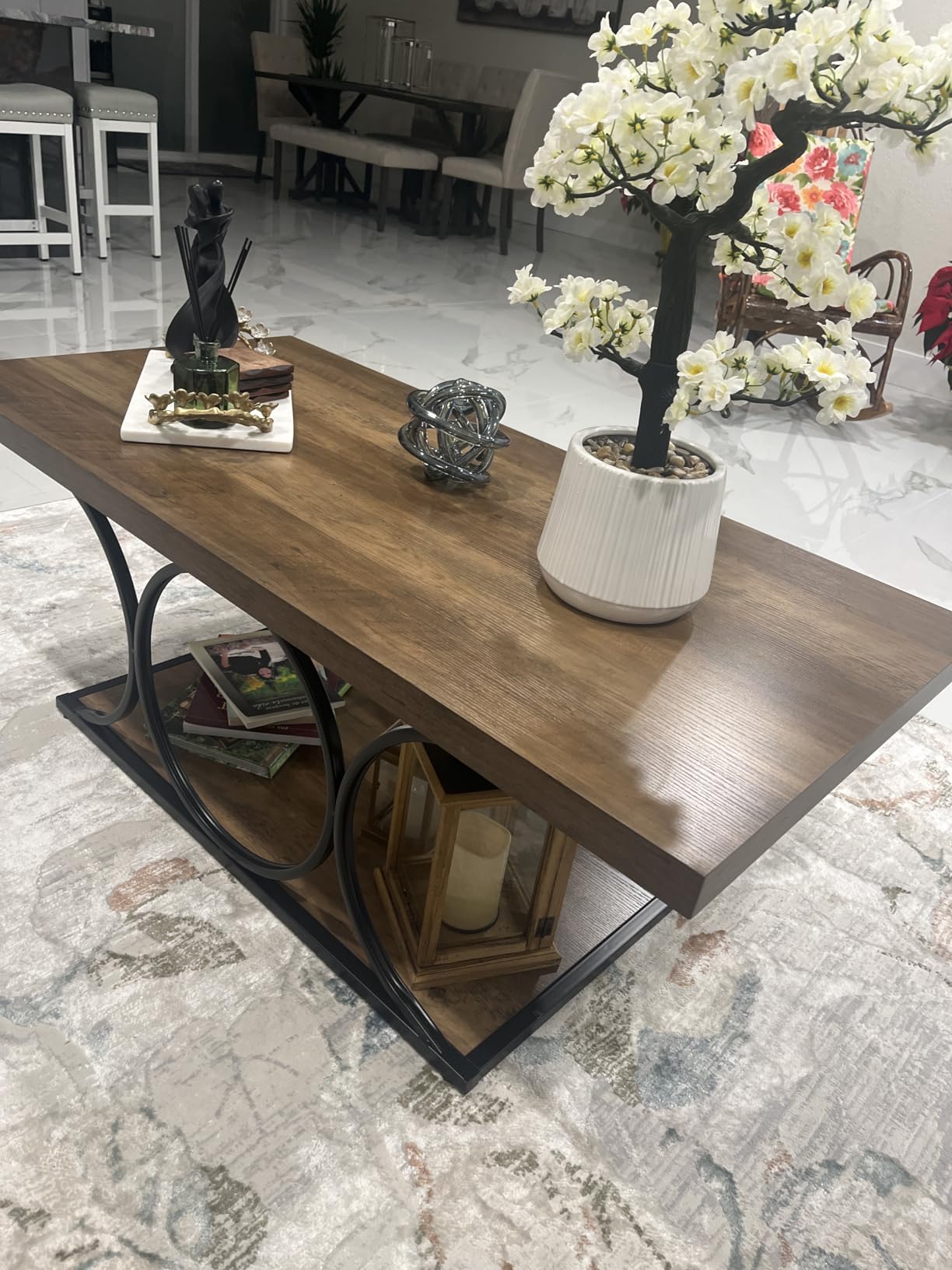 Tribesigns 46.45” Rectangle Coffee Table, Modern Coffee Tables for Living Room, 2-Tier Faux Marble Wood Coffee Table with Geometric Legs, Furniture with Storage Shelf (White & Gold) customer photo 1