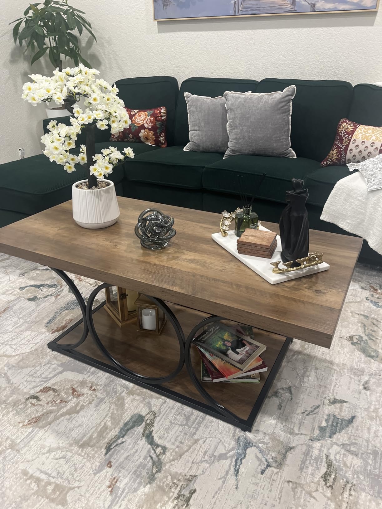Tribesigns 46.45” Rectangle Coffee Table, Modern Coffee Tables for Living Room, 2-Tier Faux Marble Wood Coffee Table with Geometric Legs, Furniture with Storage Shelf (White & Gold) customer photo 2