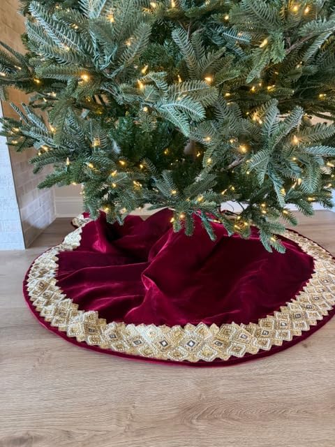 84-Inch Venetian Gilded Velvet Christmas Tree Skirt with Gold Embellished Border, Foam-Padded, Button Closure, Burgundy customer photo 1