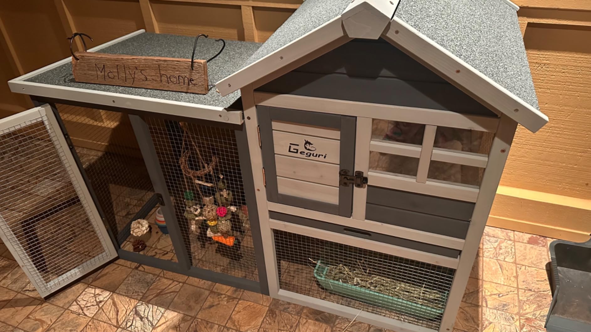 GEGURI Wooden Rabbit Hutch, Indoor Outdoor Chicken Coop Bunny Cage with Waterproof Roof customer photo 2
