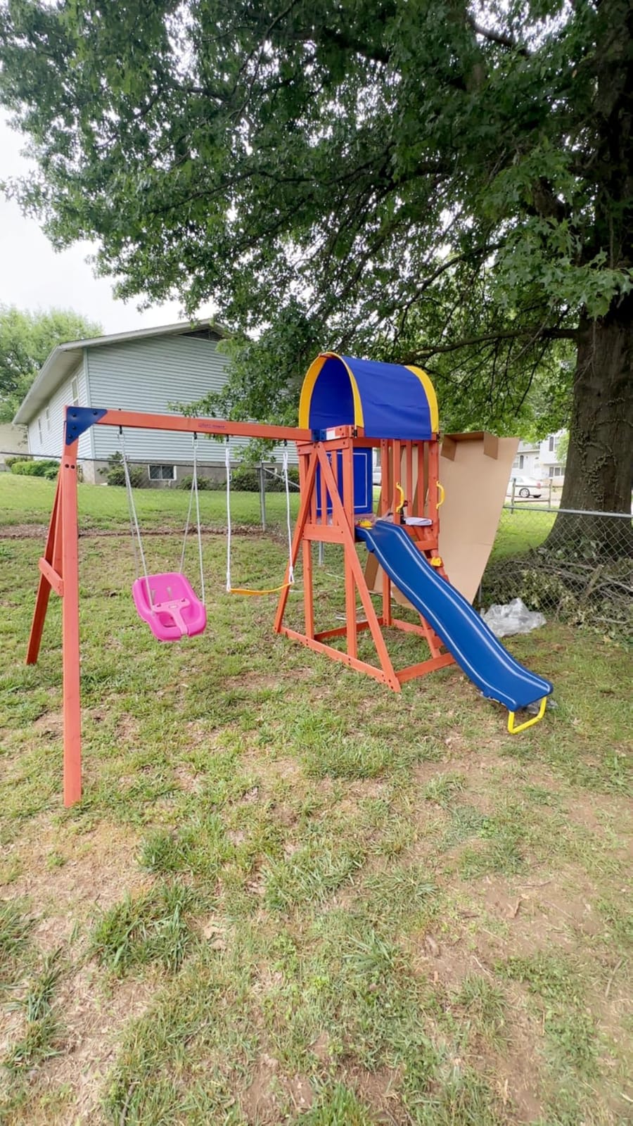 Sportspower Augusta Cedar Wooden Swing Set for Kids Ages 3-8, Outdoor Backyard Playset with 2 Sling Swings, Play Fort with Canopy, Heavy-Duty A-Frame on 6ft Slide, Bonus Anchor Kit customer photo 2
