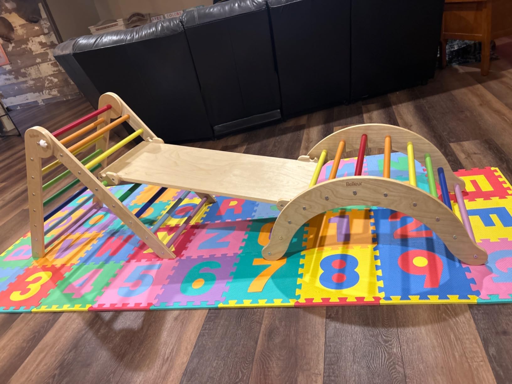 Belleur Pikler Triangle Set, 7-in-1 Foldable Climbing Toys for Toddlers 1-6 Years Old, Wooden Montessori Climbing Set with Arch, Ramp & Ladder, Baby Indoor Climber Jungle Gyms - Rainbow customer photo 2