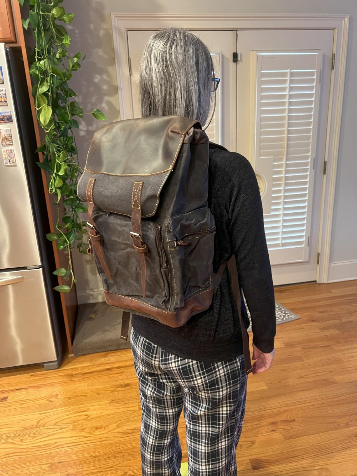 Nerlion Leather Backpack for Men Waxed Canvas Laptop Backpack 17.3 Inch Rucksack Vintage Travel Backpack (Black) customer photo 1