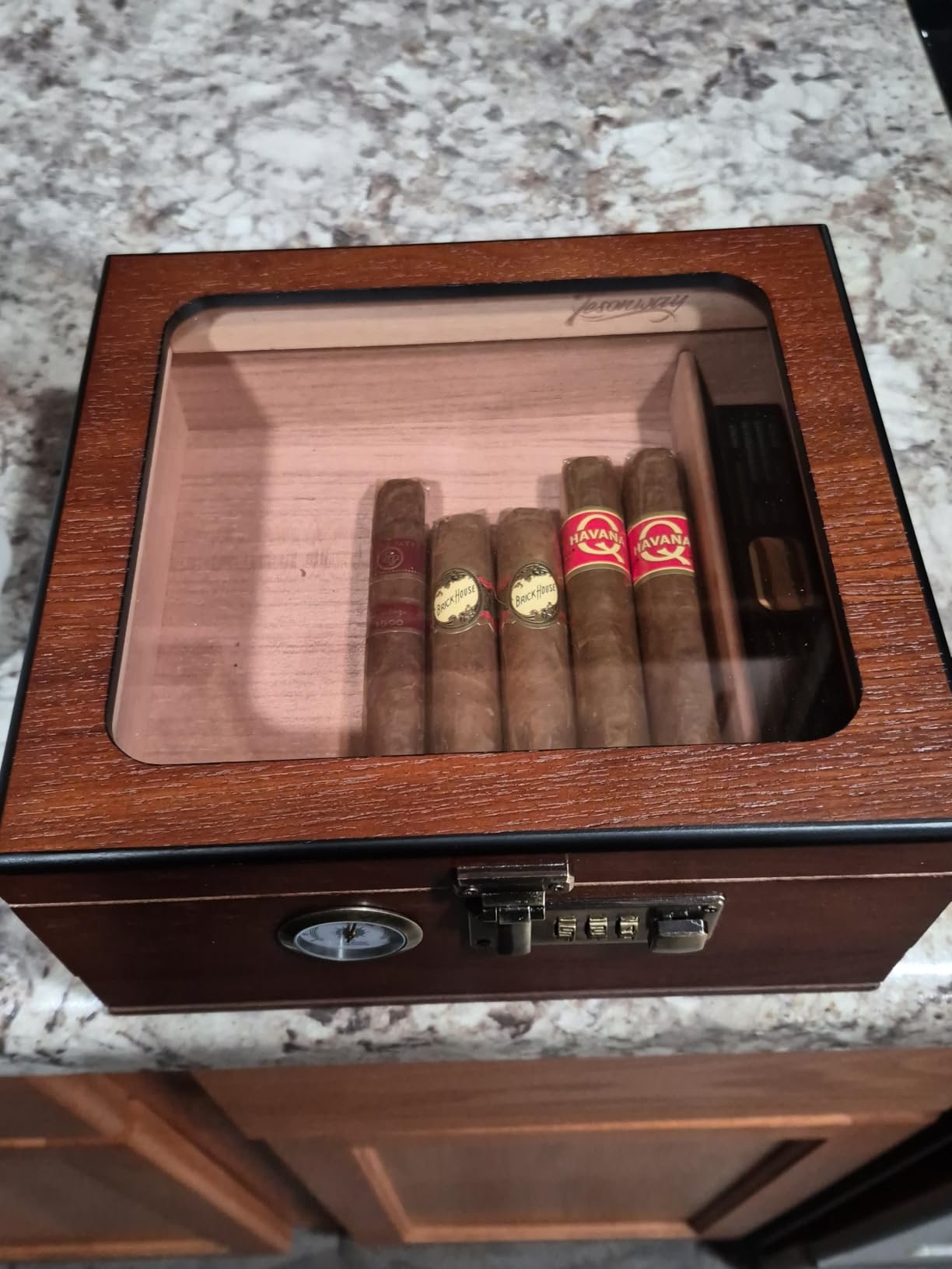 Tesonway Cigar Humidor, Cedar Wood Humidor Cigar Box, Glass Top Desktop Humidor with Front Hygrometer, Humidifier, Divider, Accessories Drawer and Combination Lock, Cigar Gifts for Men (Brown) customer photo 1