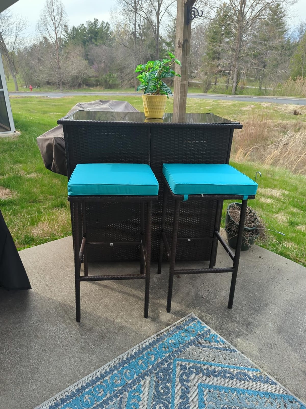 PayLessHere Rattan Bar Set 3Pcs Patio Wicker Bistro Set Sturdy Frame Bar Height Table with Glass Table Top Storage Shelves 2 Bar Stools for Patio Poolside Porch Outdoor Indoor, Khaki (Khaki) customer photo 1
