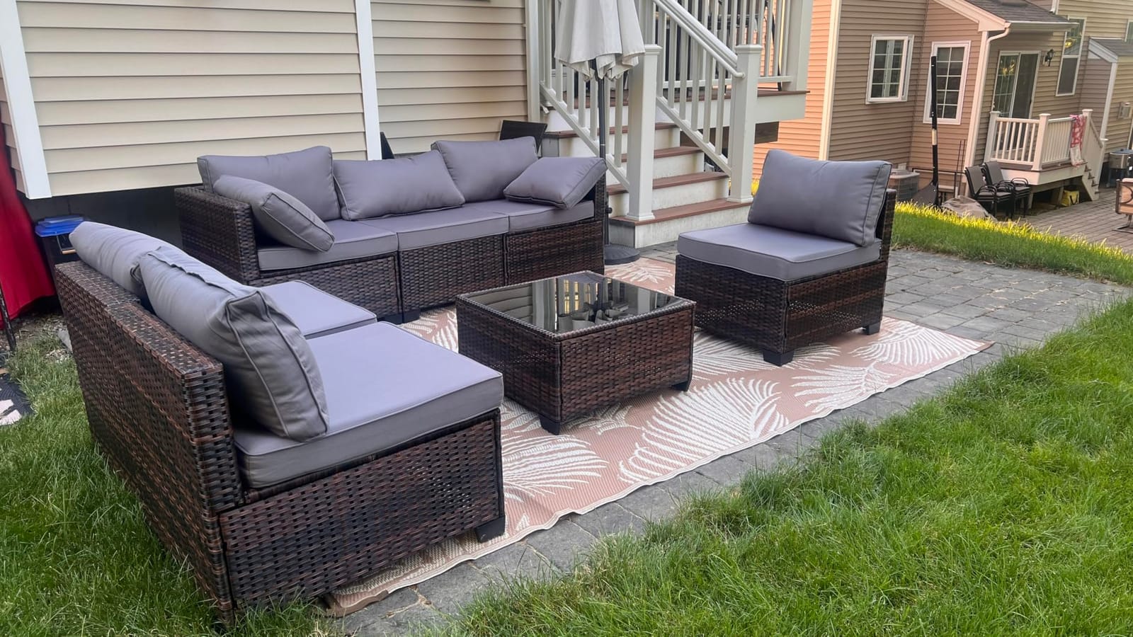 Qsun 7 Pieces Outdoor Patio Furniture Set, PE Rattan Outdoor Wicker Sectional Furniture Sofa Set, with Cushions and Glass Coffee Table, for Balcony, Porch, Garden, Grey customer photo 2