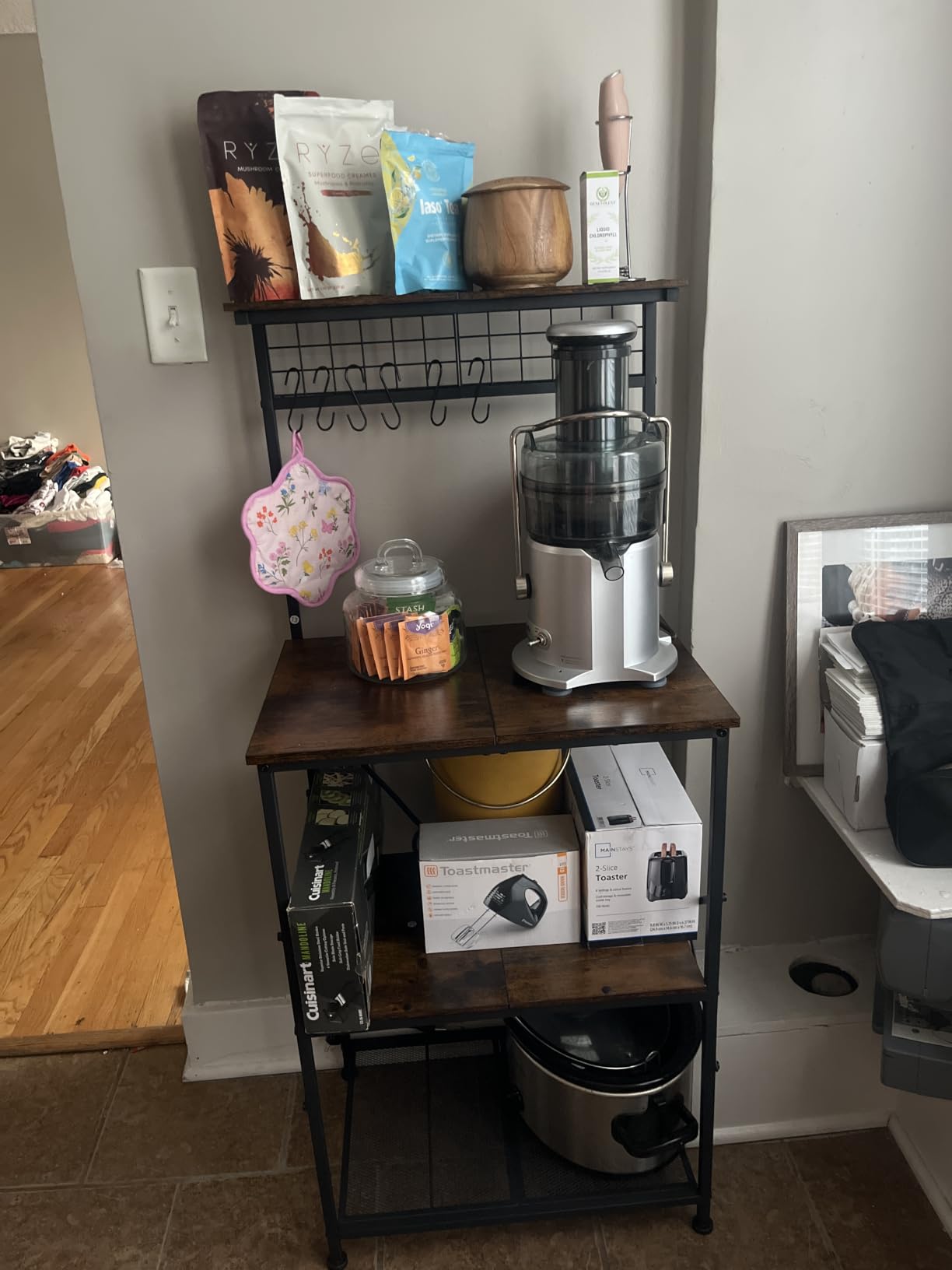 Furologee Kitchen Bakers Rack with Power Outlet, Microwave Oven Stand with Storage 4 Tiers, Coffee Bar Table with 6 S Hooks, Kitchen Storage Shelf Rack for Spices, Pots, Rustic Brown customer photo 1